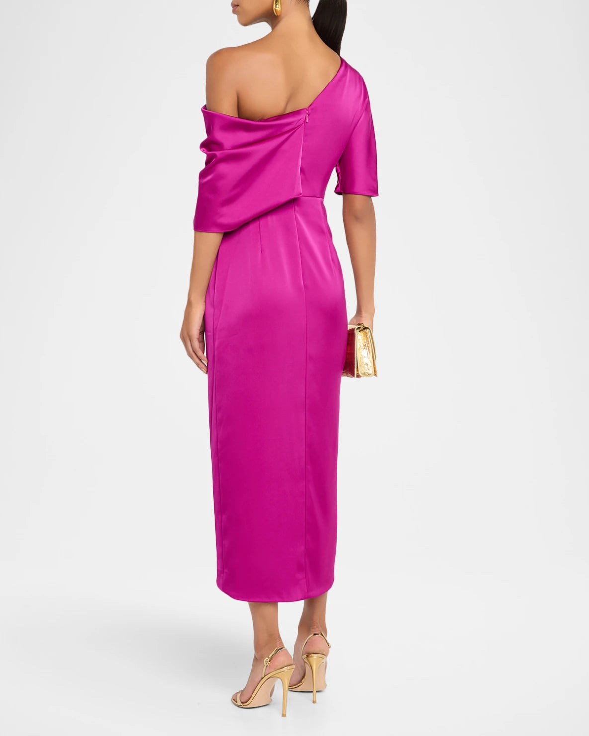 Sheath One Shoulder Satin Midi Wrap Ruched Formal Wedding Guest Dress