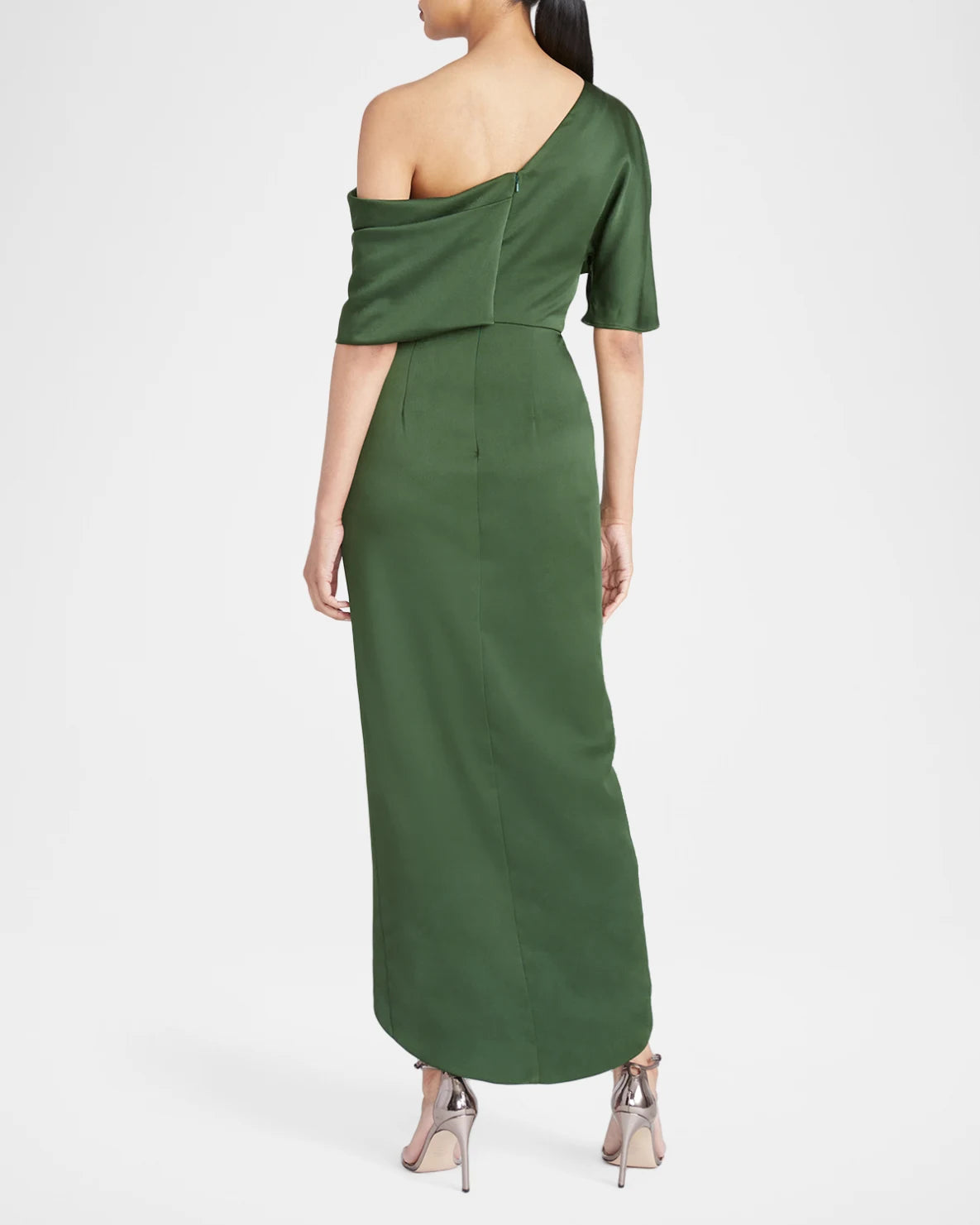 Sheath One Shoulder Satin Midi Wrap Ruched Formal Wedding Guest Dress