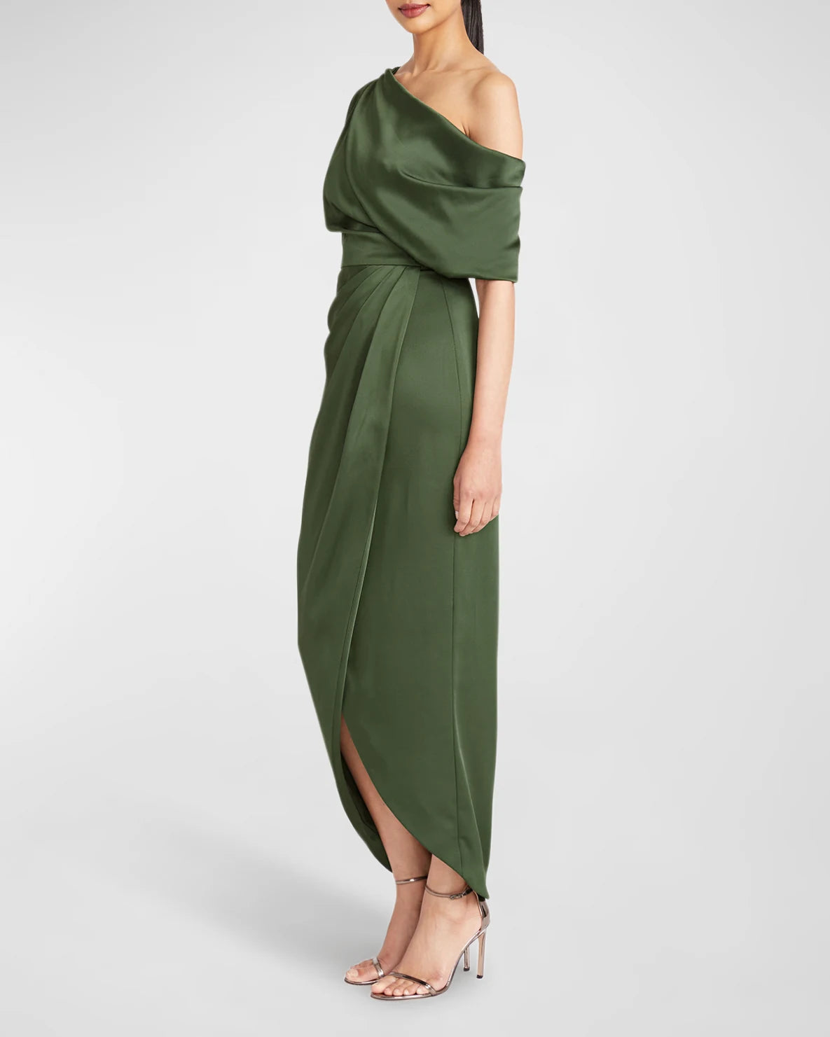 Sheath One Shoulder Satin Midi Wrap Ruched Formal Wedding Guest Dress