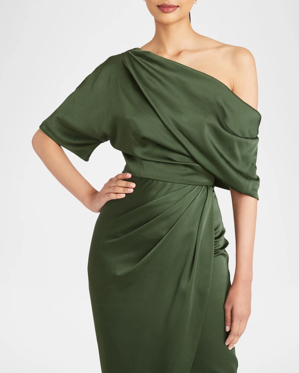 Sheath One Shoulder Satin Midi Wrap Ruched Formal Wedding Guest Dress
