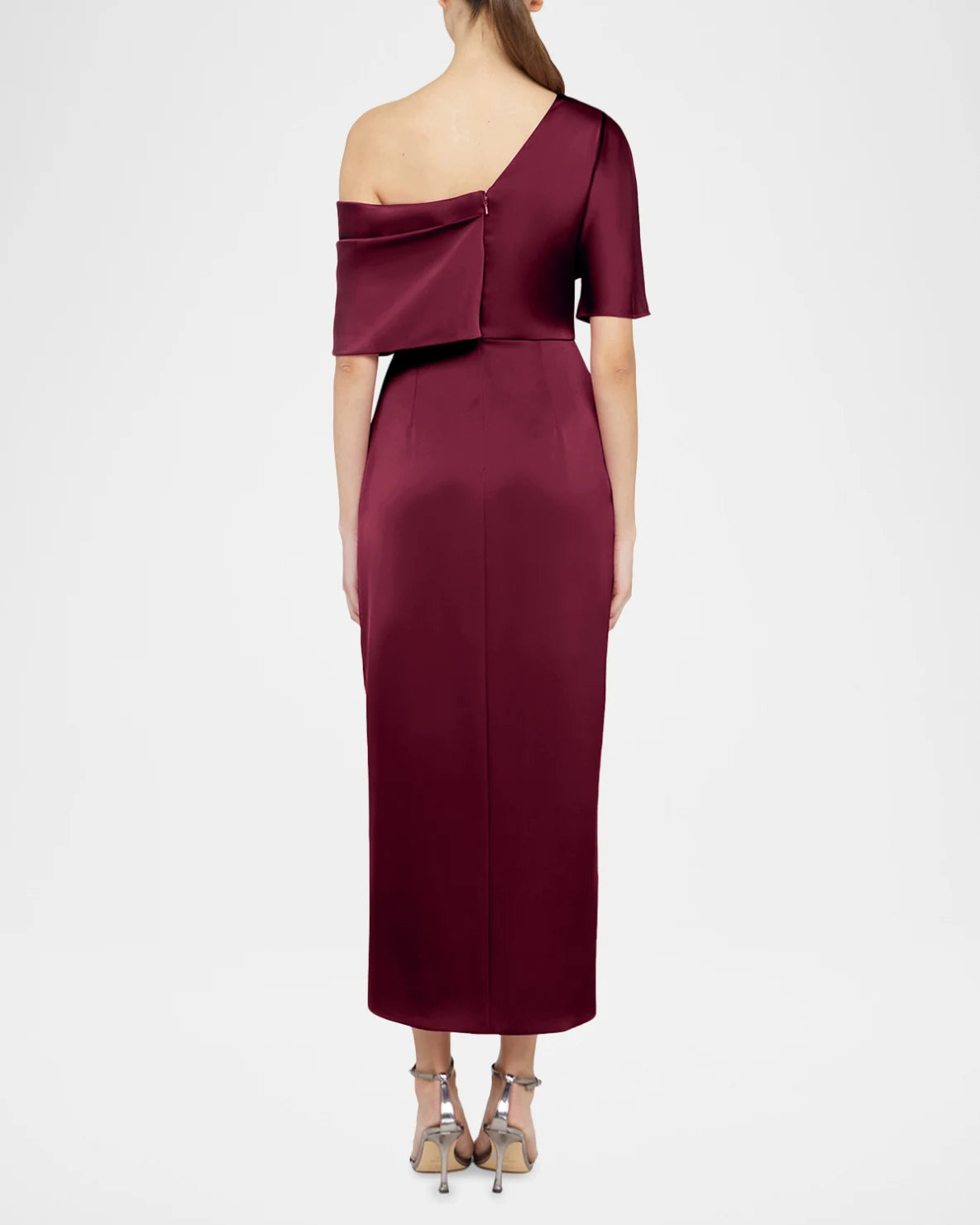 Sheath One Shoulder Satin Midi Wrap Ruched Formal Wedding Guest Dress