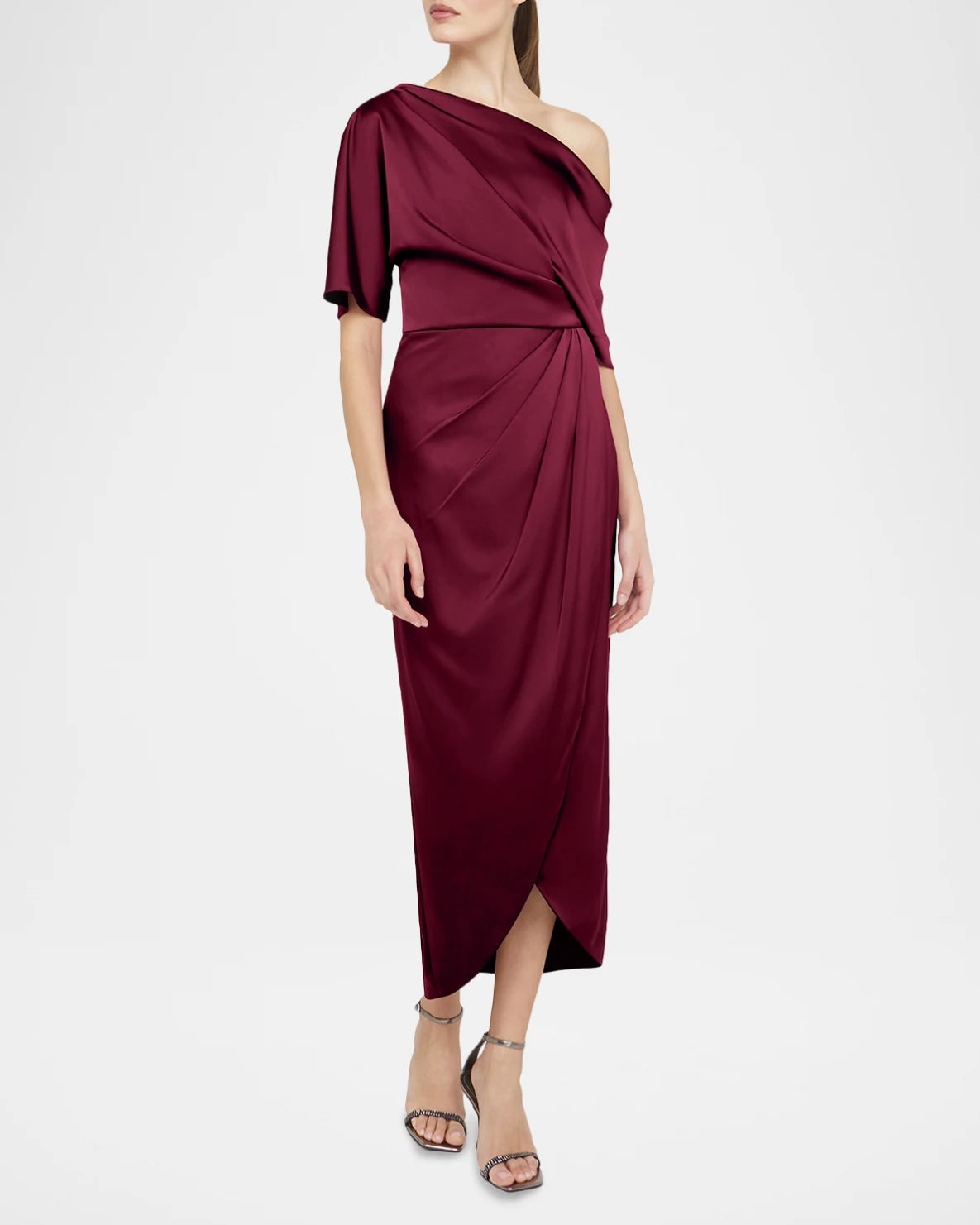 Sheath One Shoulder Satin Midi Wrap Ruched Formal Wedding Guest Dress