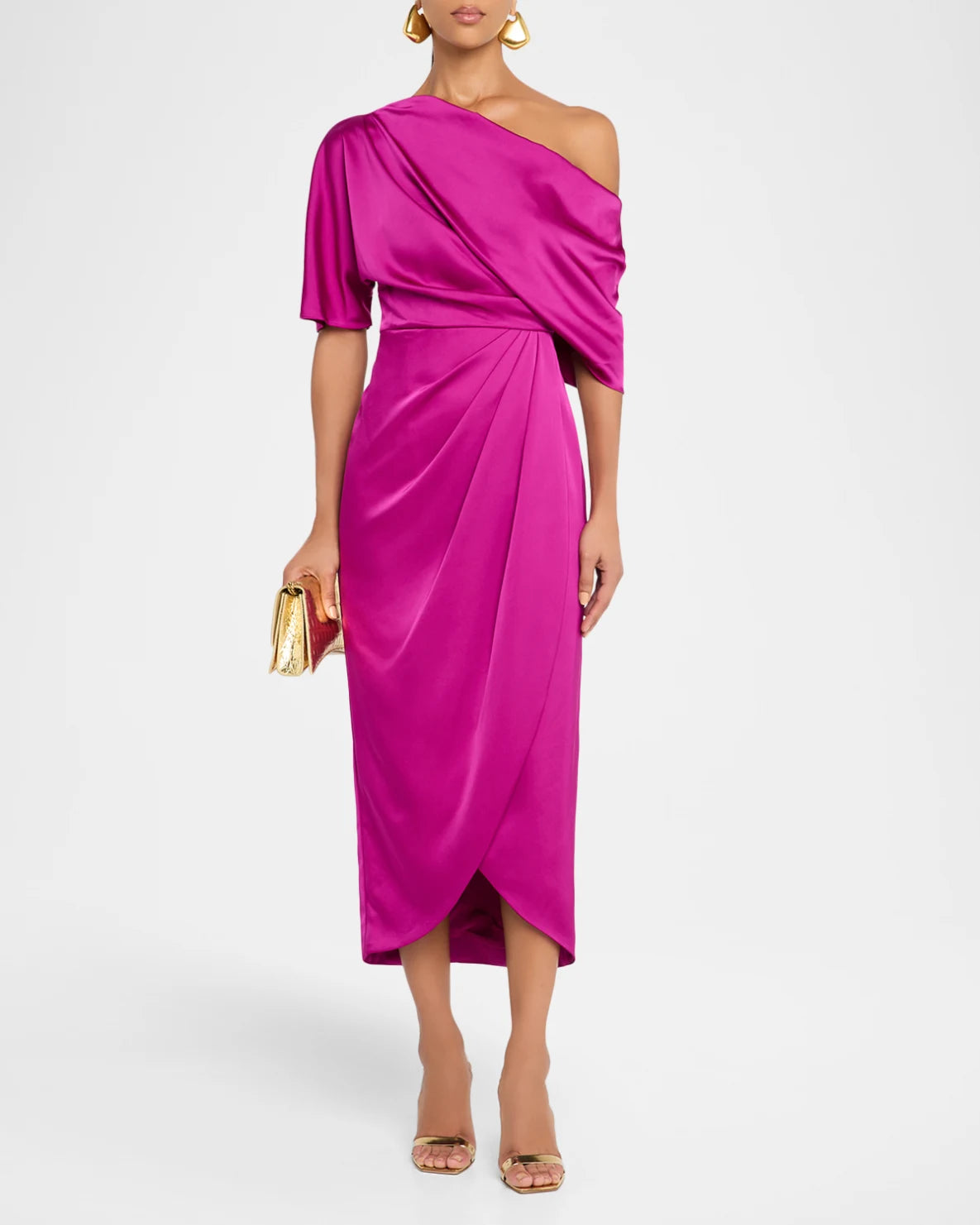Sheath One Shoulder Satin Midi Wrap Ruched Formal Wedding Guest Dress