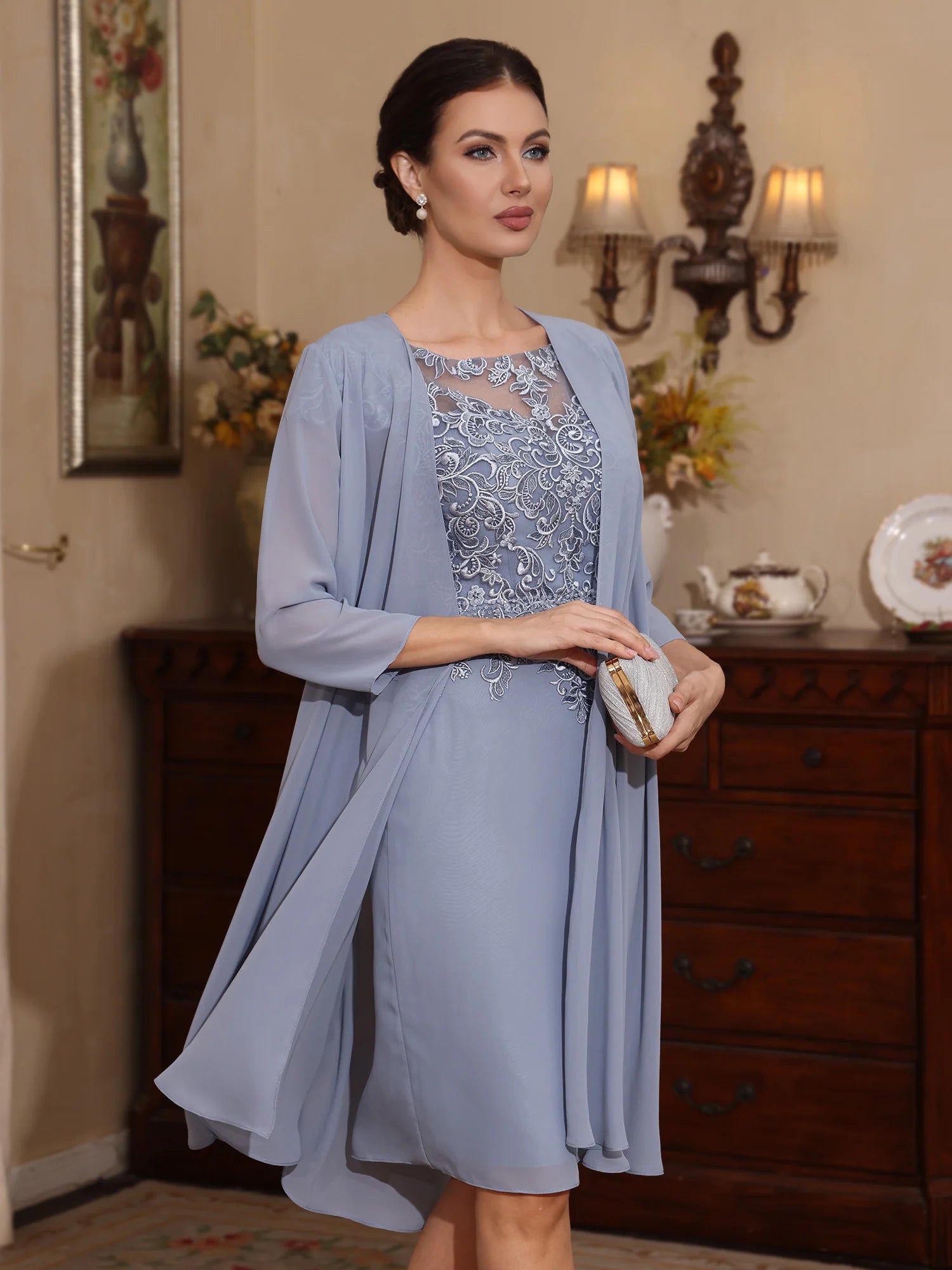Two Piece Chiffon Knee-Length Lace Formal Mother ofthe Bride Dresses
