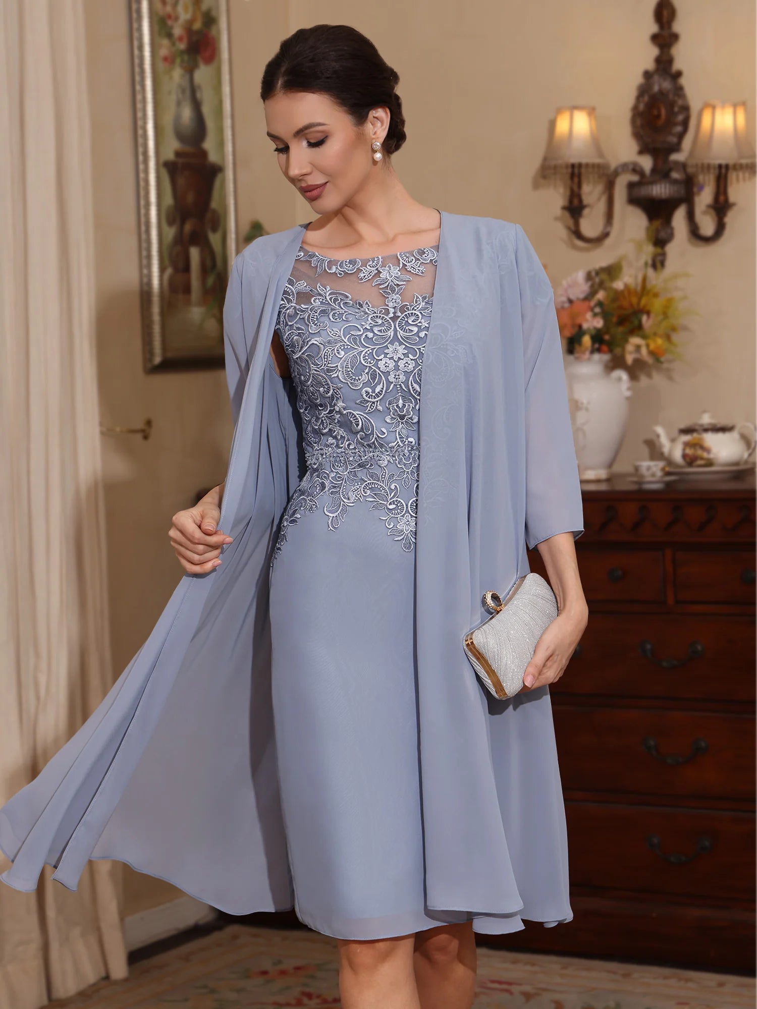 Two Piece Chiffon Knee-Length Lace Formal Mother ofthe Bride Dresses