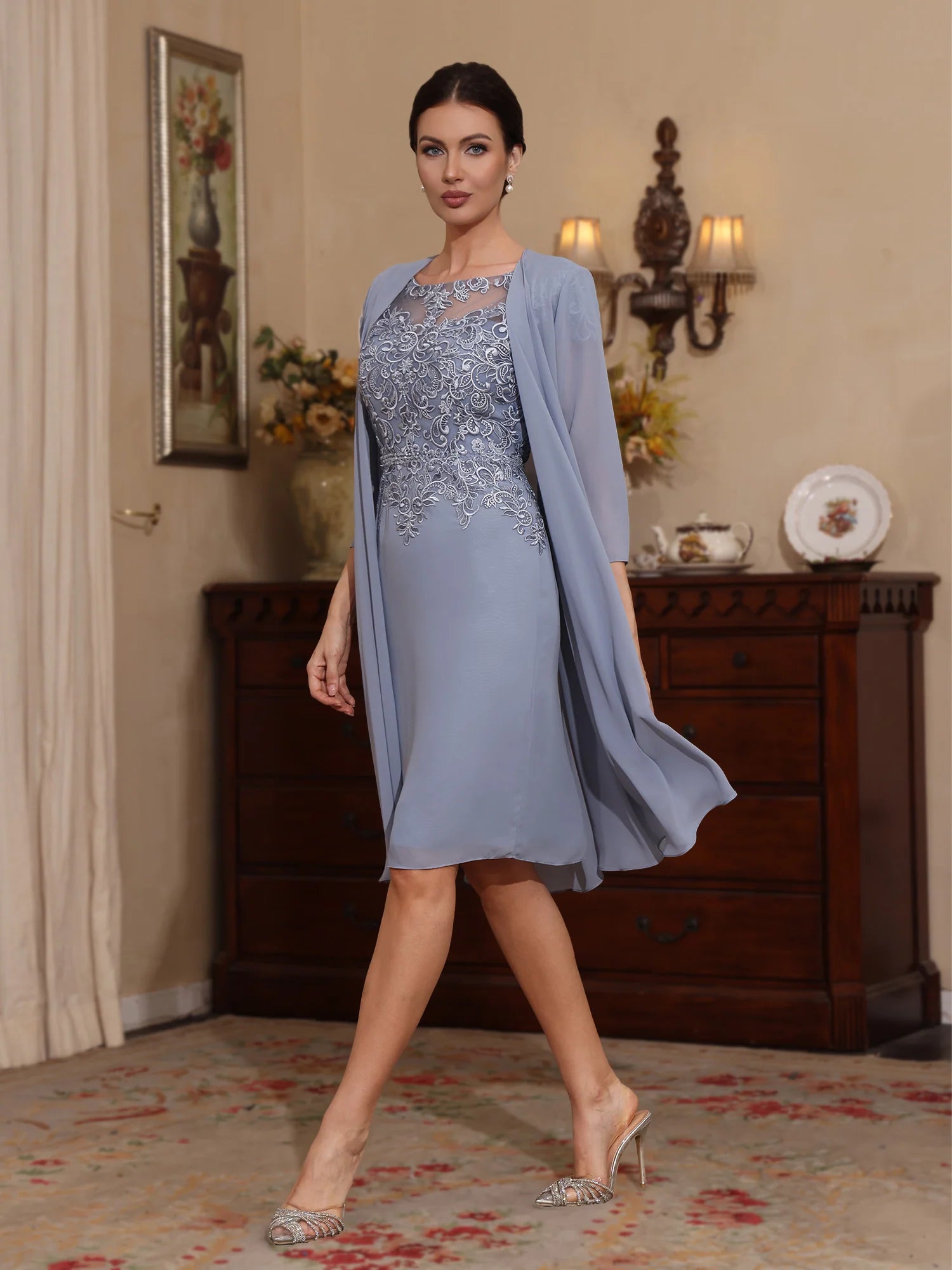 Two Piece Chiffon Knee-Length Lace Formal Mother ofthe Bride Dresses