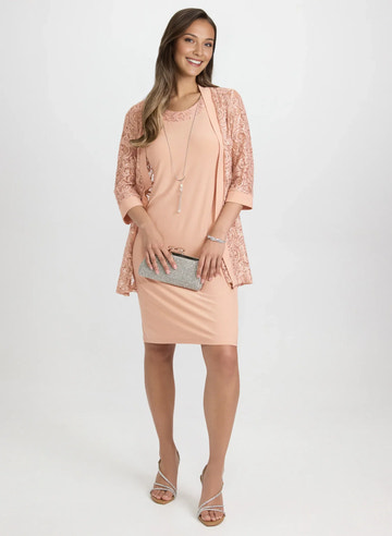 Sheath Round Neck Jersey Midi Mother of the Bride Dress with Lace Jacket Set