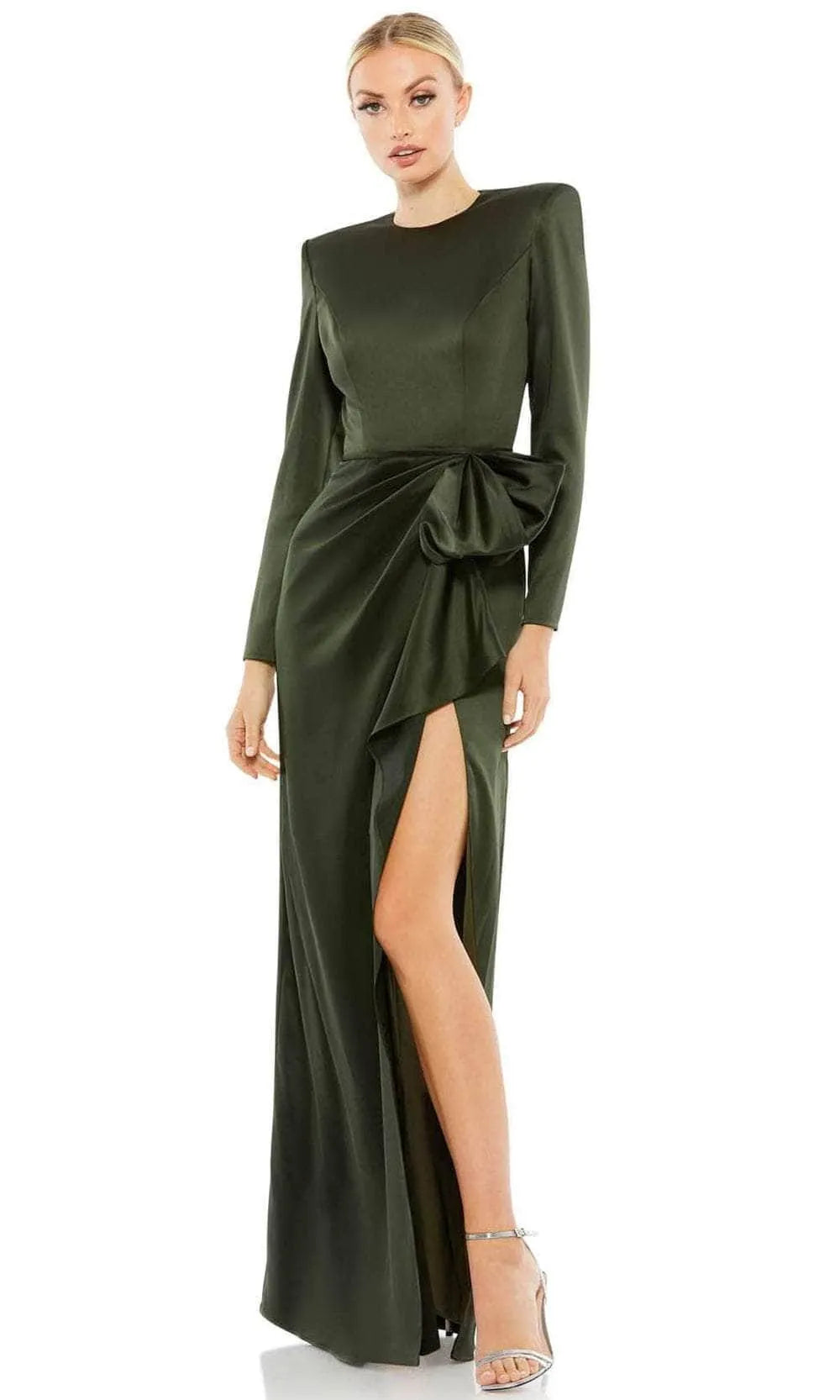 Elegant Sheath Round Neck Satin Maxi Dress with Ruffle Slit Evening Dress