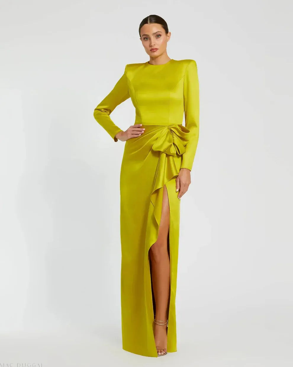 Elegant Sheath Round Neck Satin Maxi Dress with Ruffle Slit Evening Dress