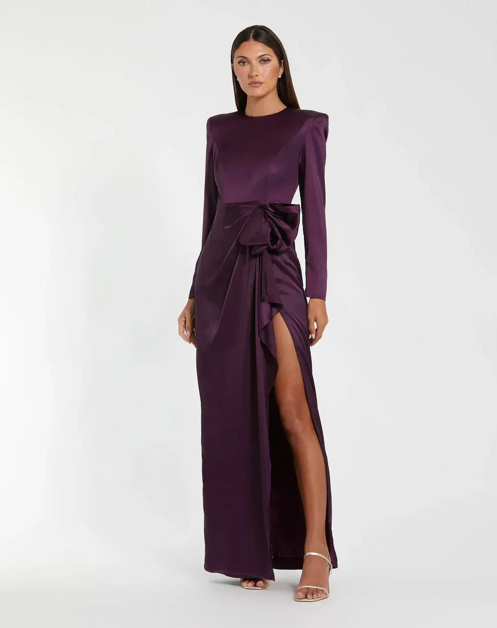 Elegant Sheath Round Neck Satin Maxi Dress with Ruffle Slit Evening Dress