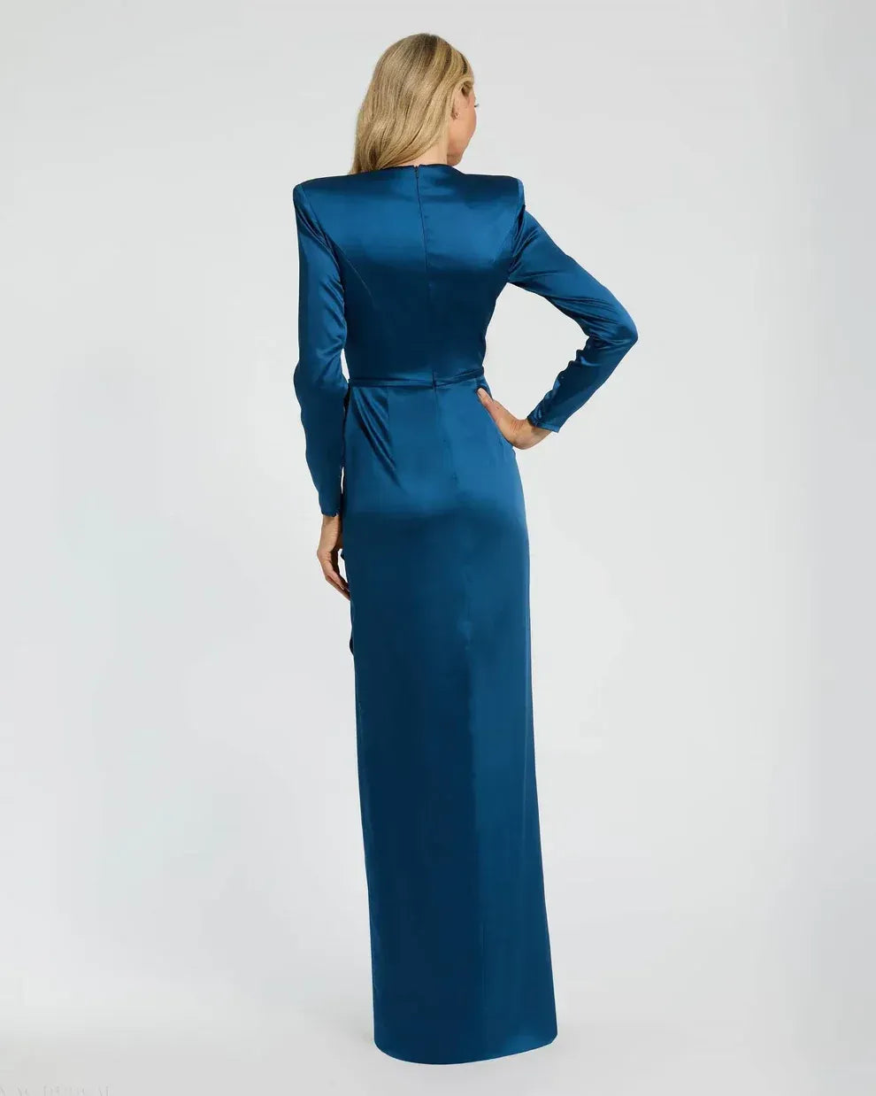 Elegant Sheath Round Neck Satin Maxi Dress with Ruffle Slit Evening Dress