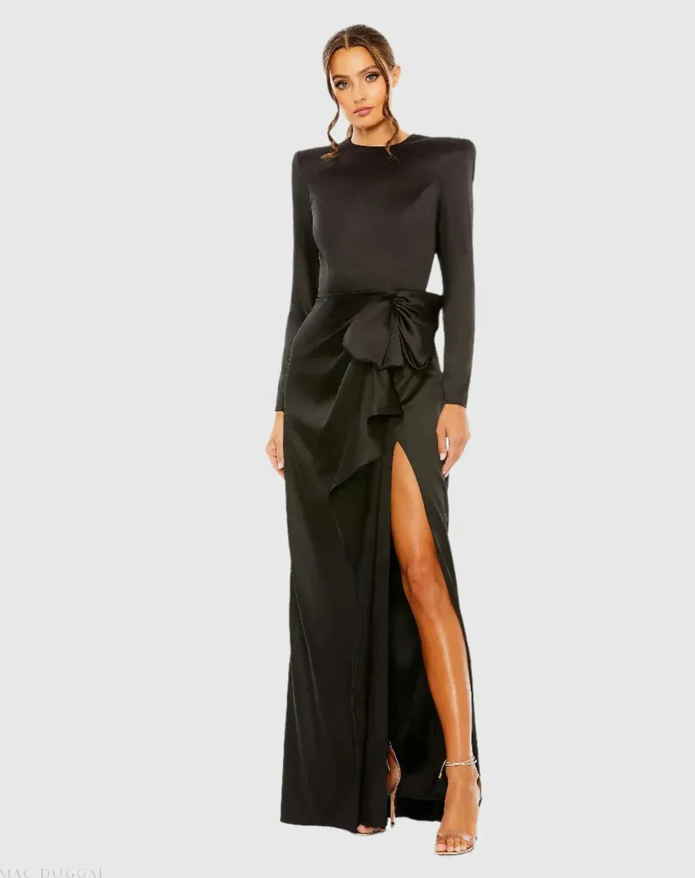 Elegant Sheath Round Neck Satin Maxi Dress with Ruffle Slit Evening Dress