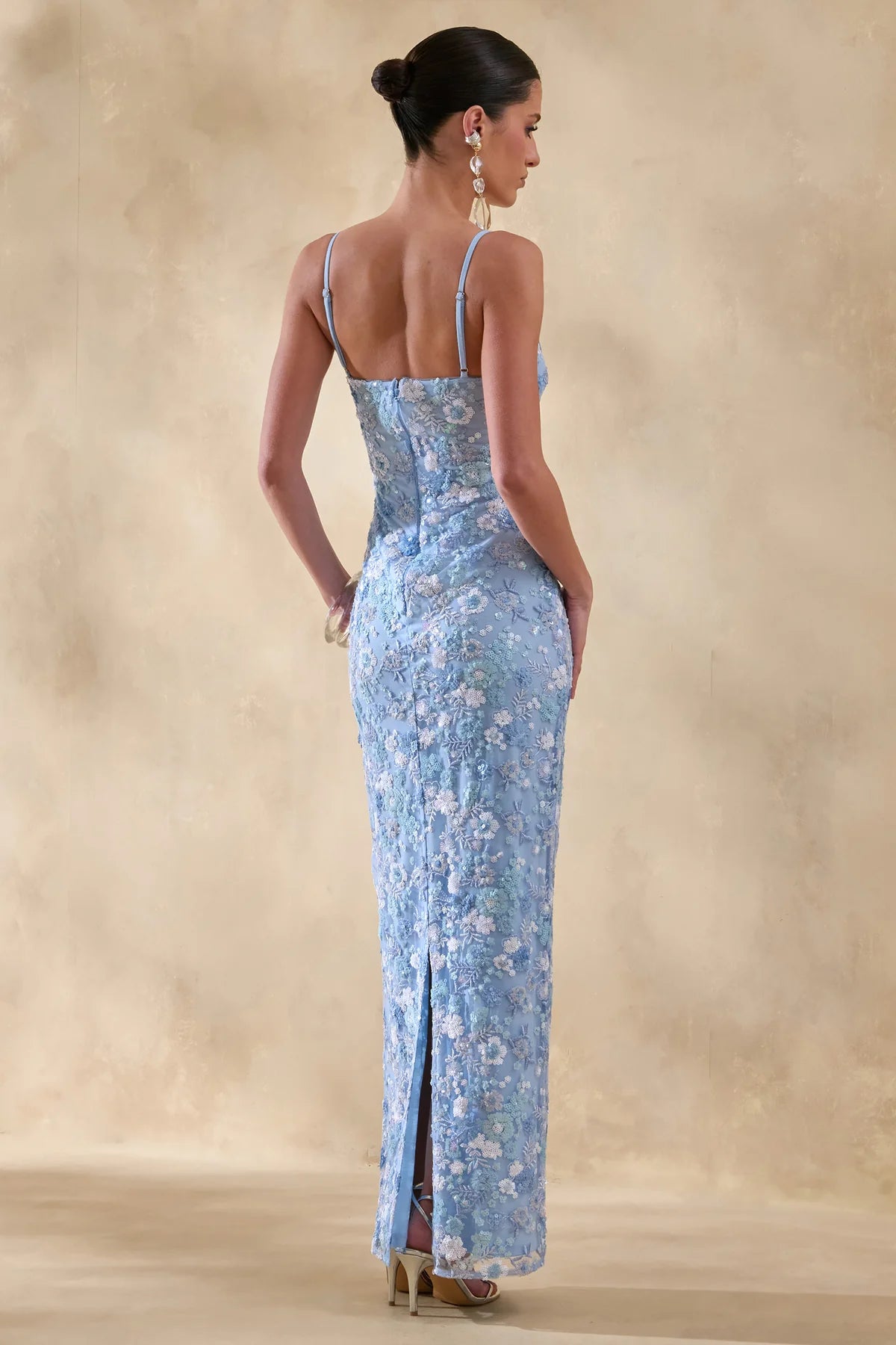 Sheath Straight Neck Sleeveless Lace Maxi Length Cocktail Dress Floral Embellished Evening Dress