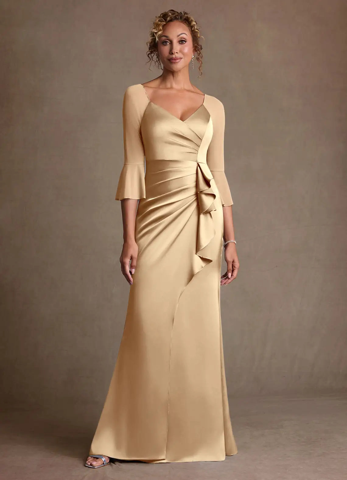 Sheath Sweetheart Satin Floor-Length Ruffle Evening Gown Formal Mother of the Bride Dress