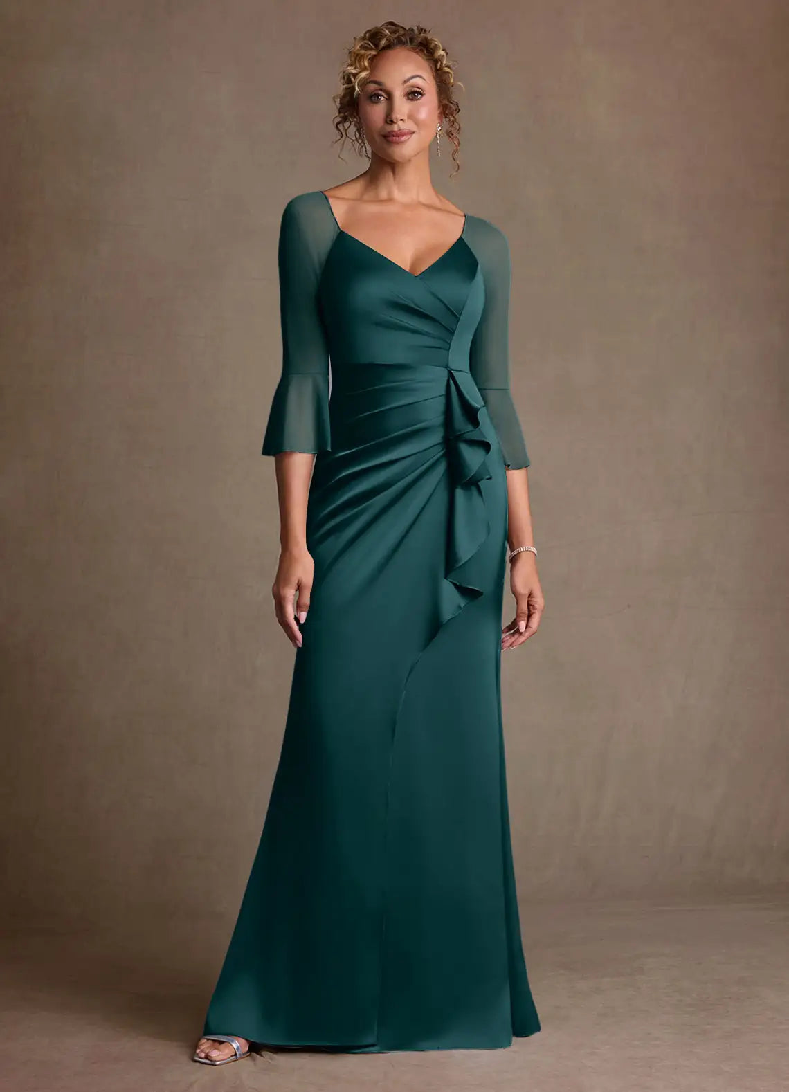 Sheath Sweetheart Satin Floor-Length Ruffle Evening Gown Formal Mother of the Bride Dress