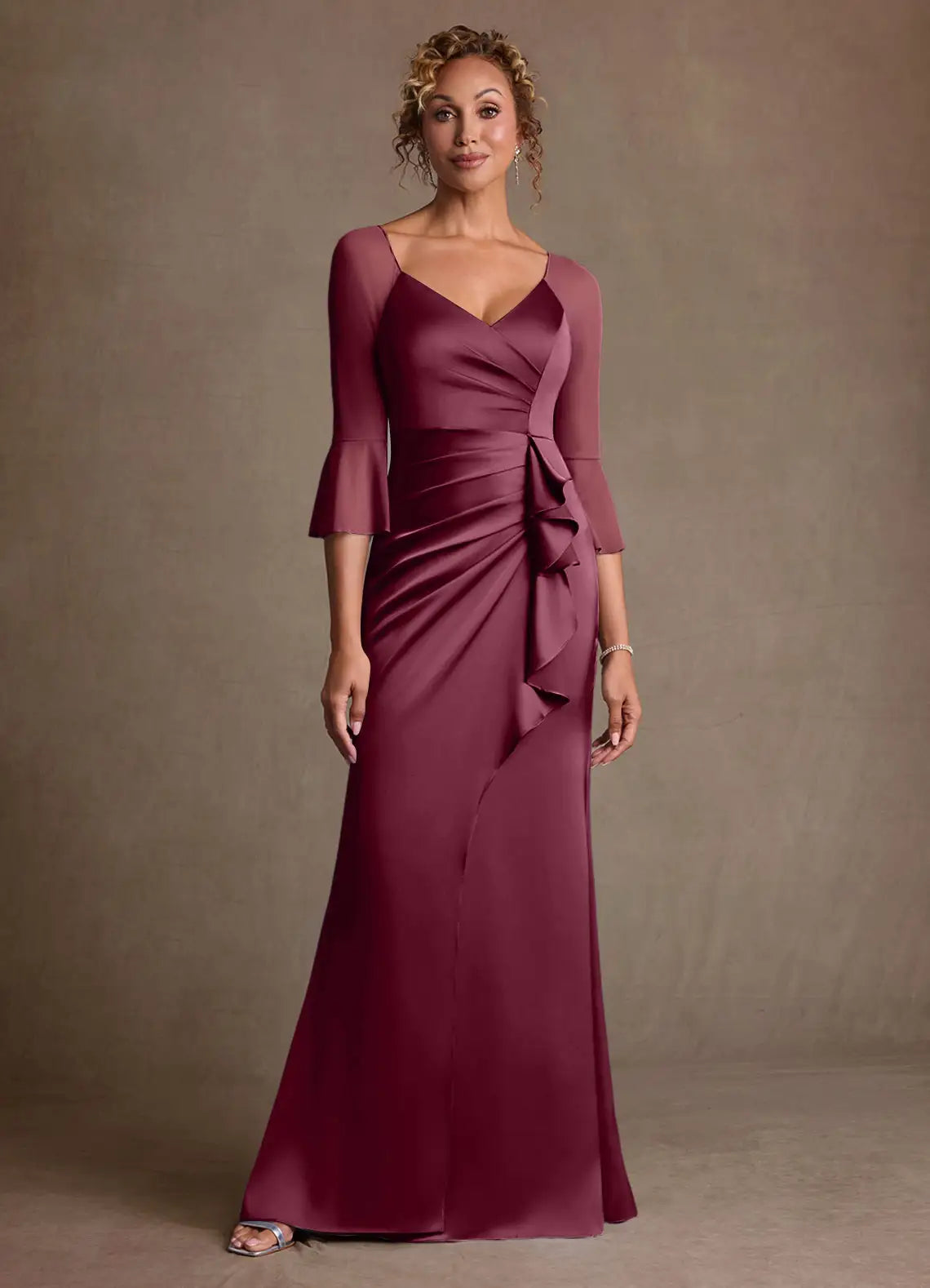 Sheath Sweetheart Satin Floor-Length Ruffle Evening Gown Formal Mother of the Bride Dress