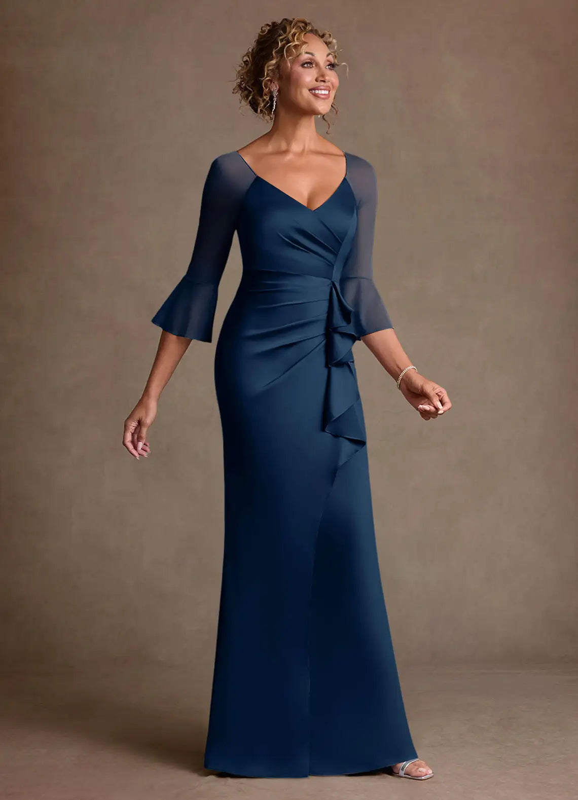 Sheath Sweetheart Satin Floor-Length Ruffle Evening Gown Formal Mother of the Bride Dress