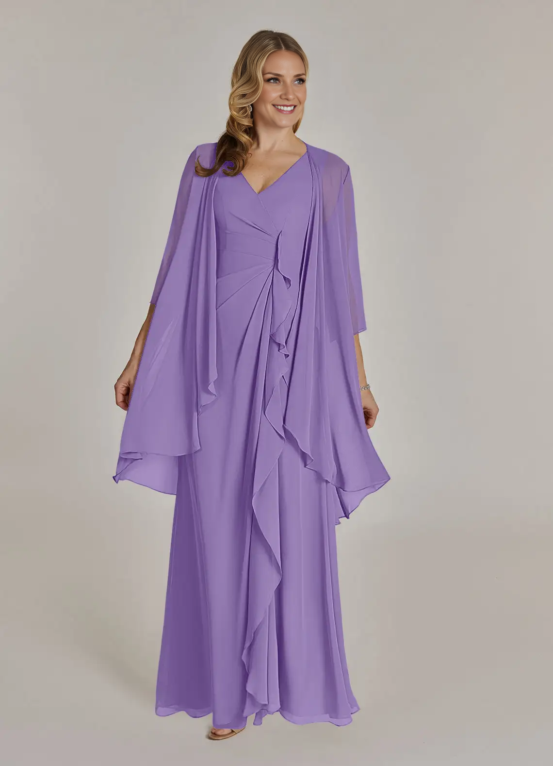 Sheath V Neck Chiffon Mother of the Bride Dress Floor Length Ruffle Formal Maxi Dress