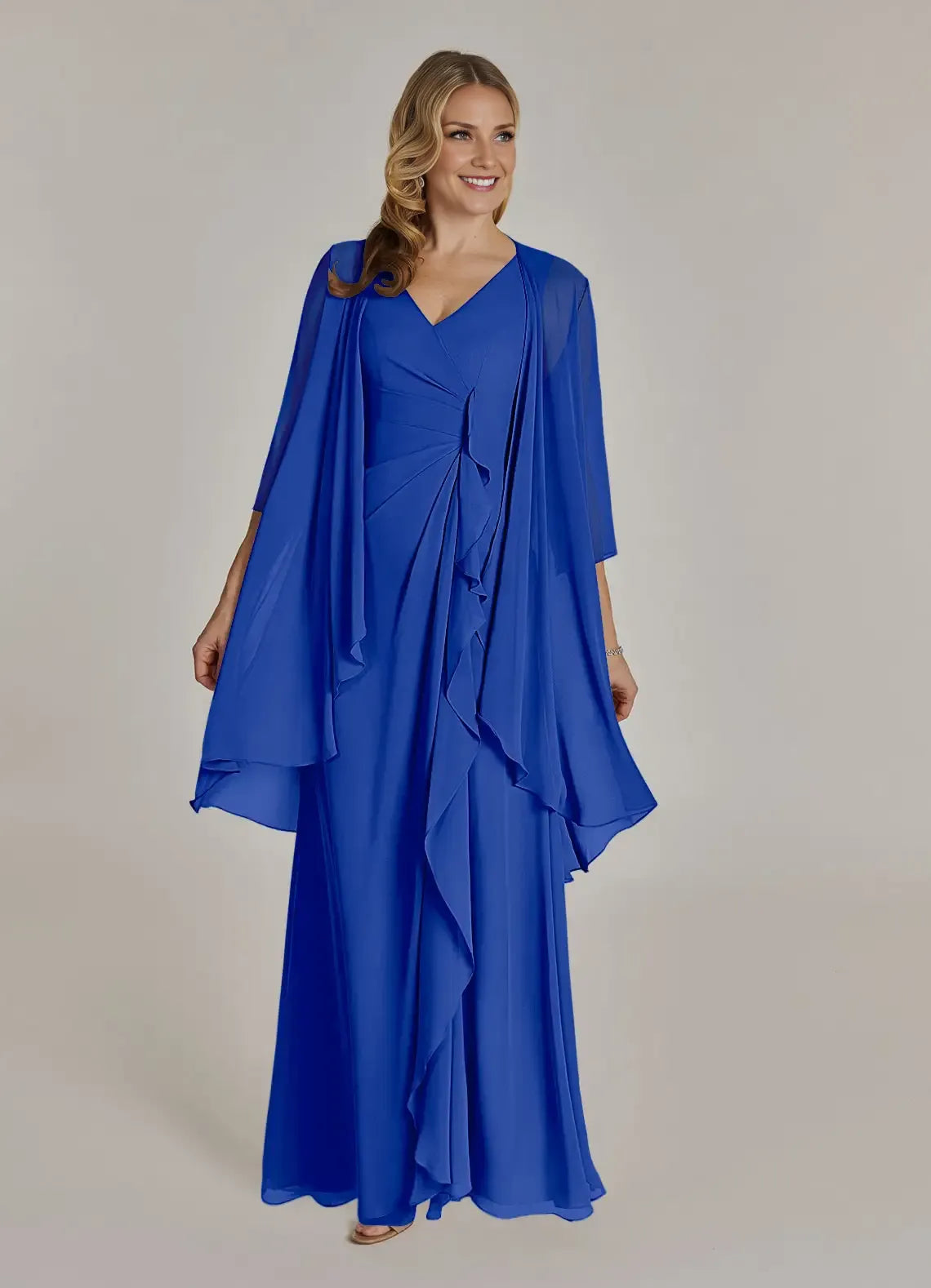 Sheath V Neck Chiffon Mother of the Bride Dress Floor Length Ruffle Formal Maxi Dress