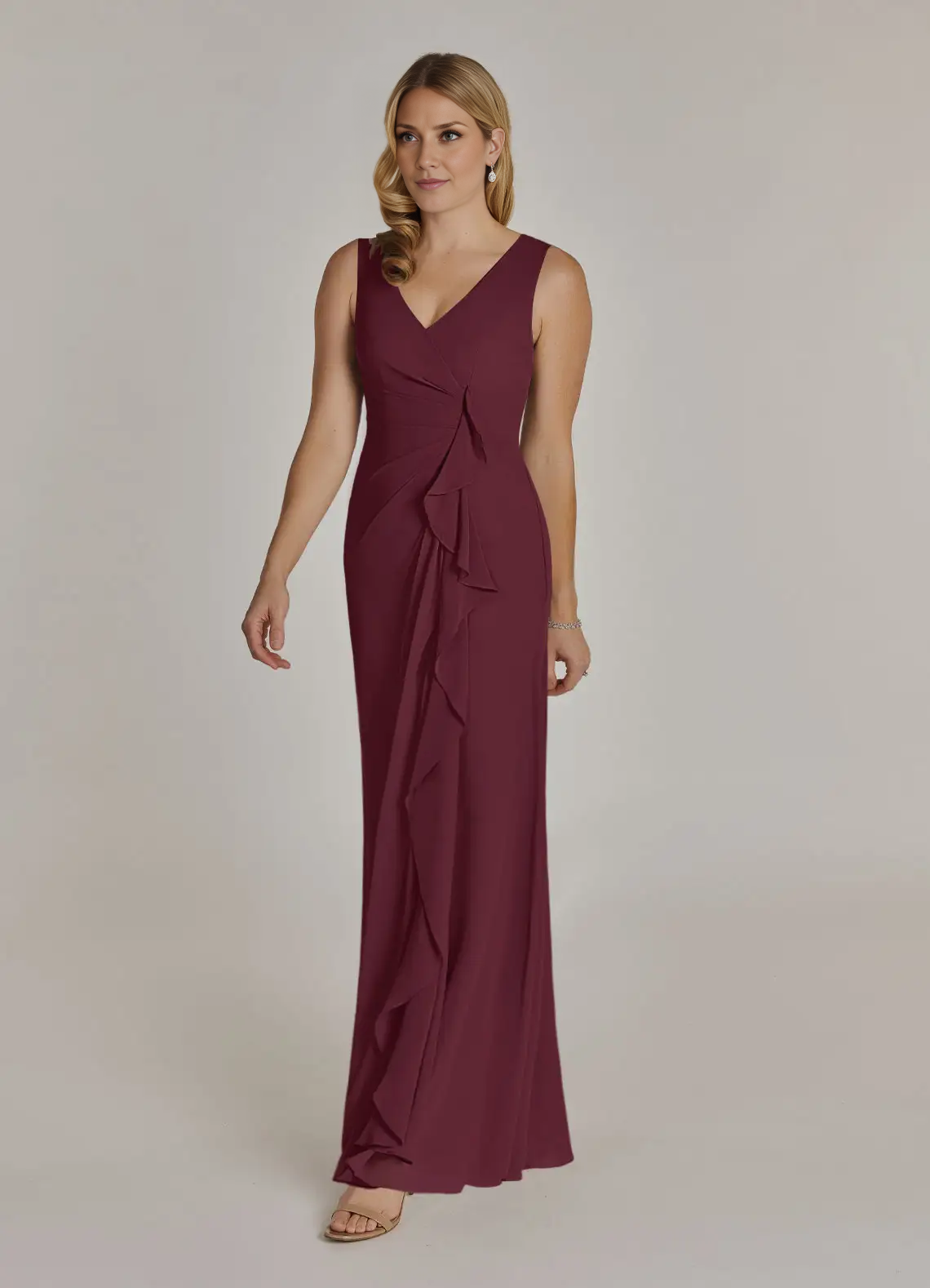 Sheath V Neck Chiffon Mother of the Bride Dress Floor Length Ruffle Formal Maxi Dress