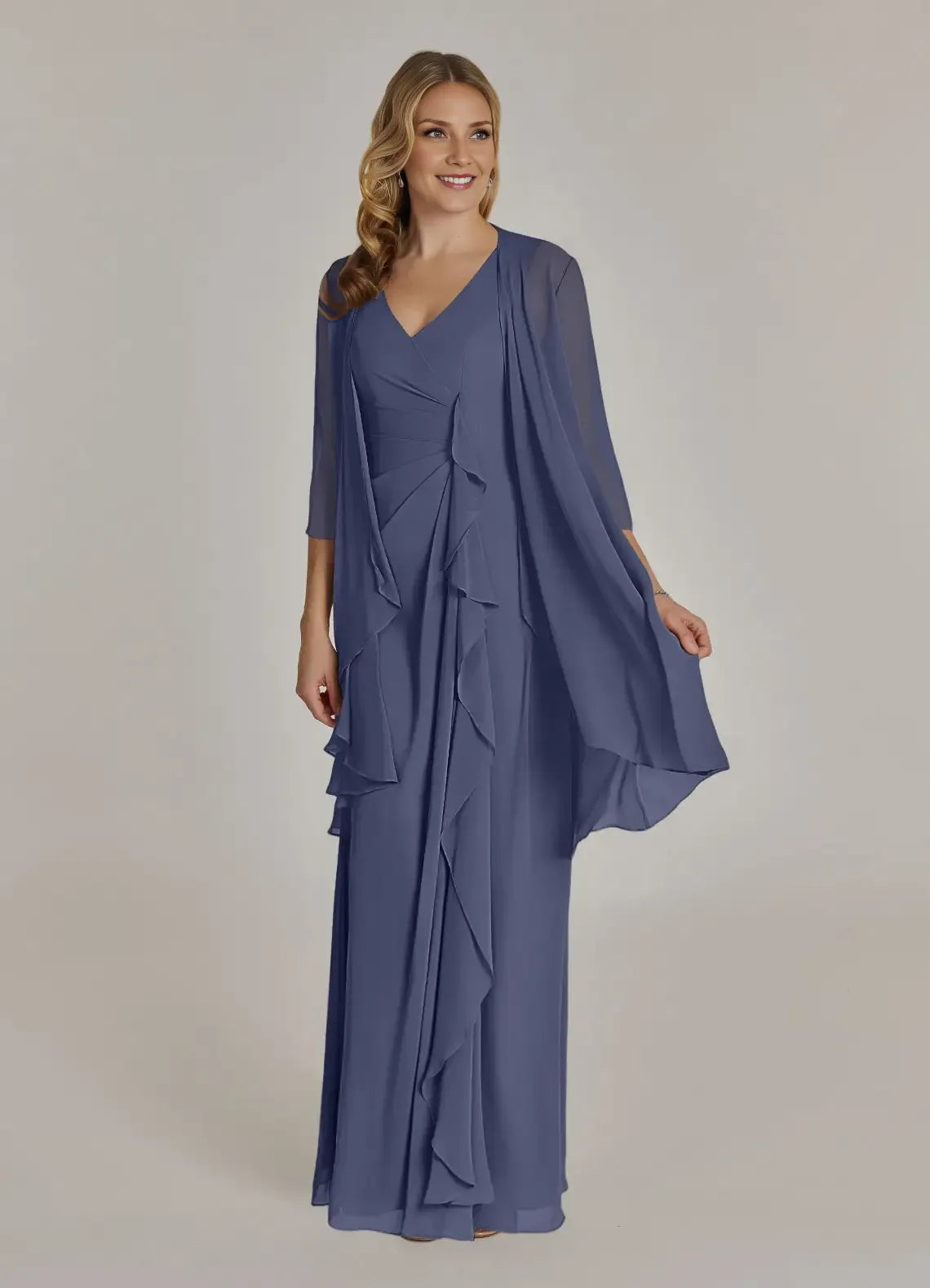 Sheath V Neck Chiffon Mother of the Bride Dress Floor Length Ruffle Formal Maxi Dress