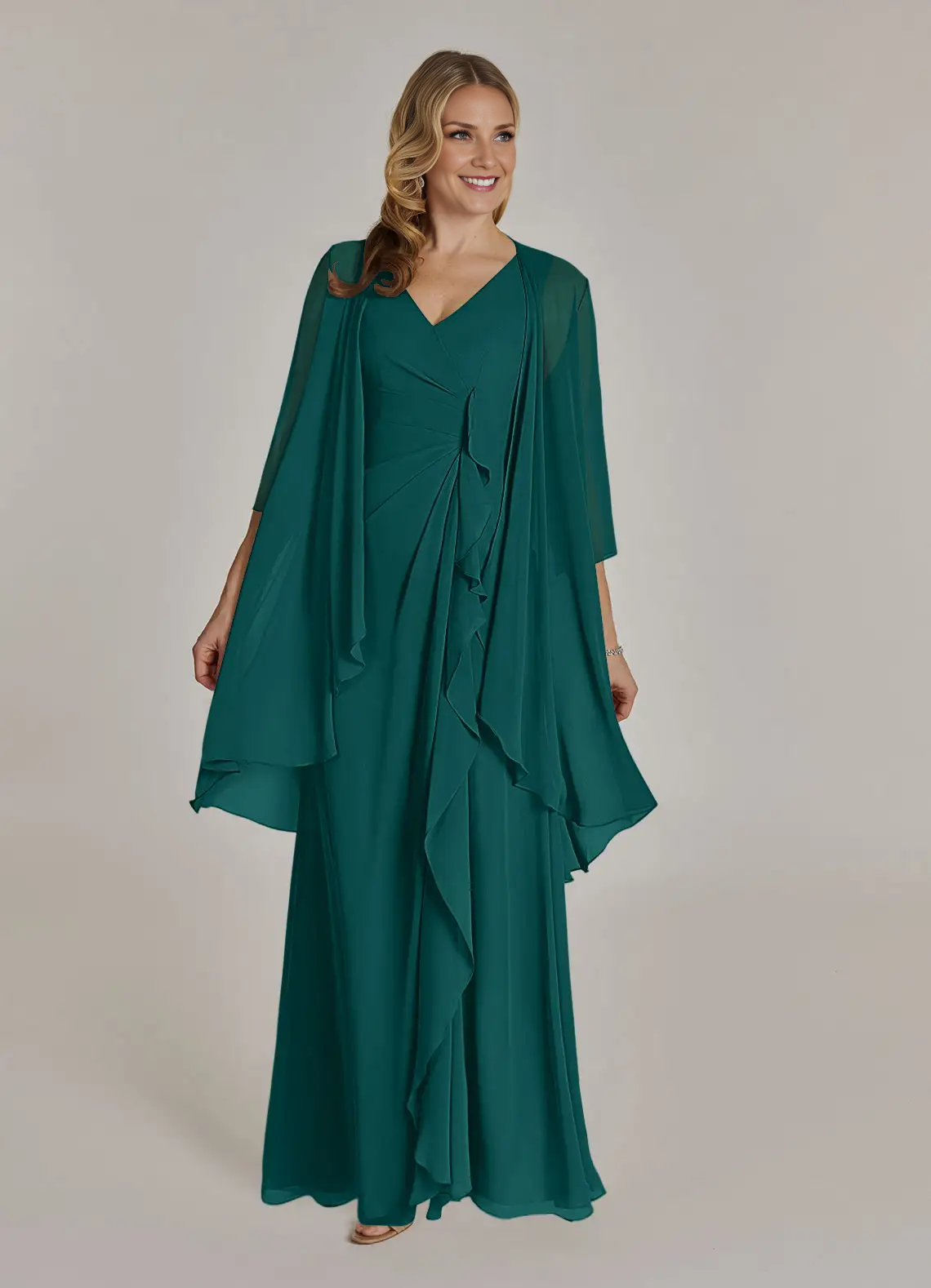 Sheath V Neck Chiffon Mother of the Bride Dress Floor Length Ruffle Formal Maxi Dress