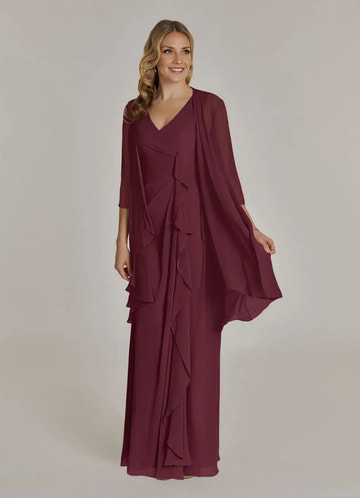 Sheath V Neck Chiffon Mother of the Bride Dress Floor Length Ruffle Formal Maxi Dress