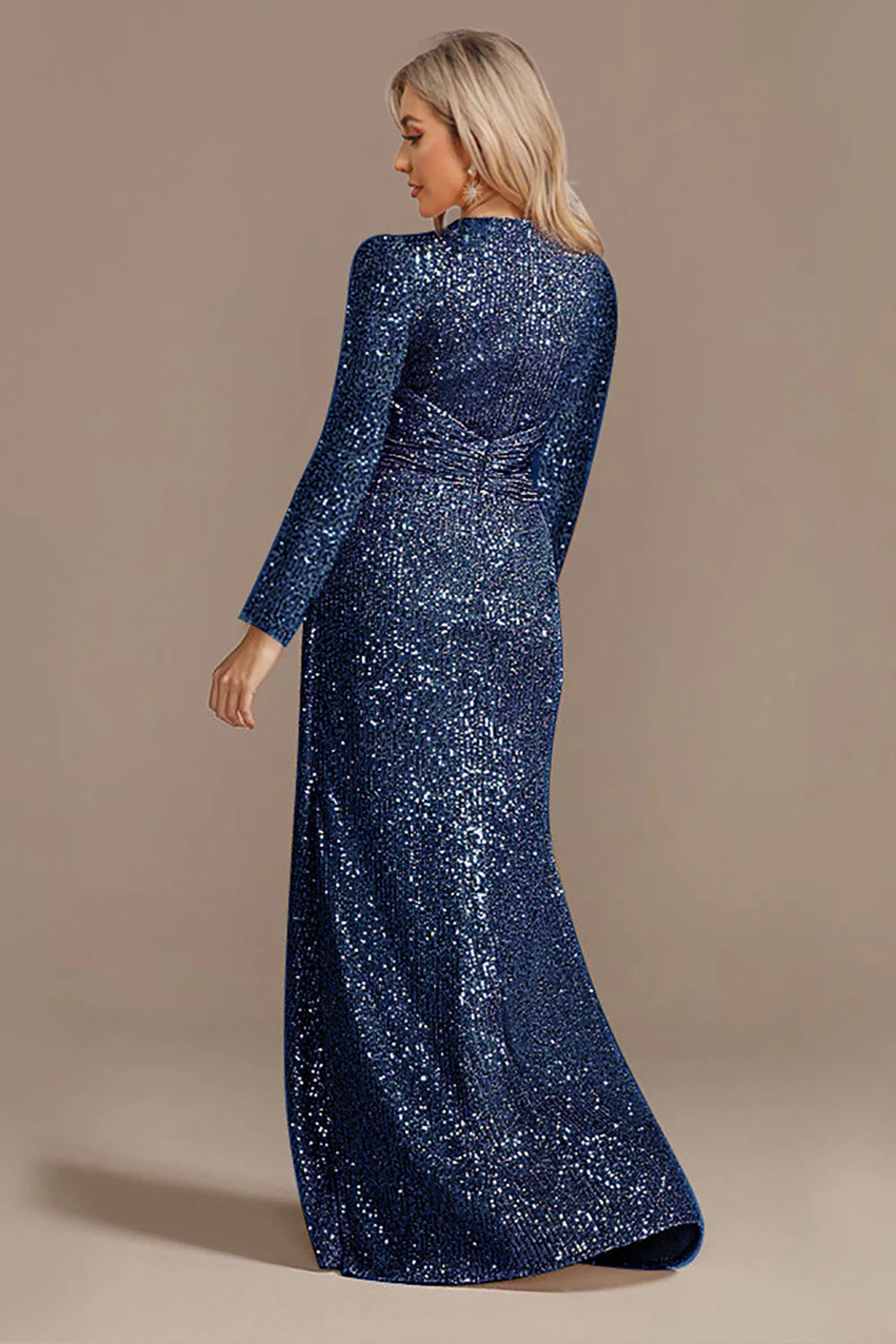 Stunning Sheath Vneck Sequin Maxi Twist Ruched EveningGown