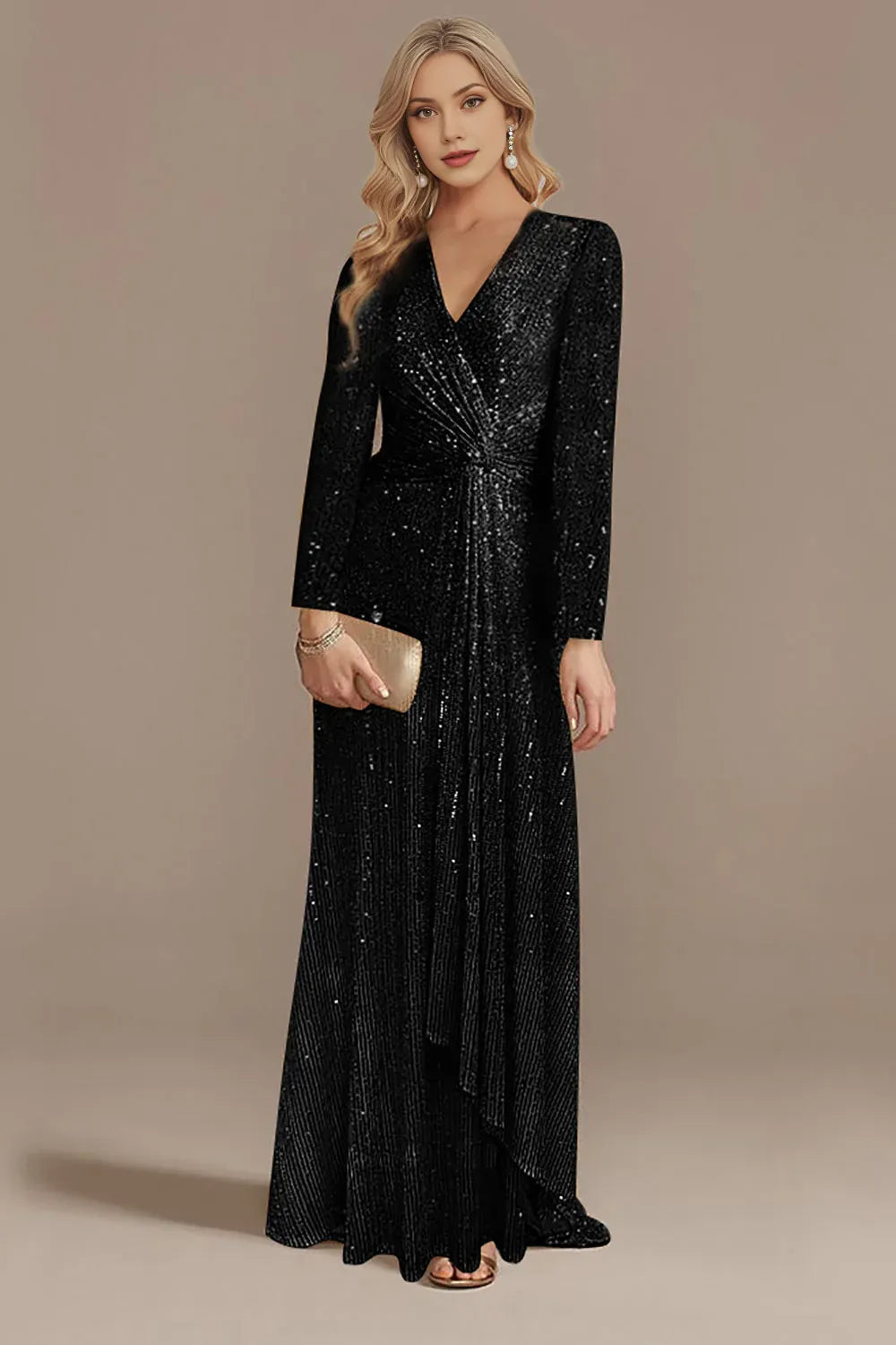 Stunning Sheath Vneck Sequin Maxi Twist Ruched EveningGown