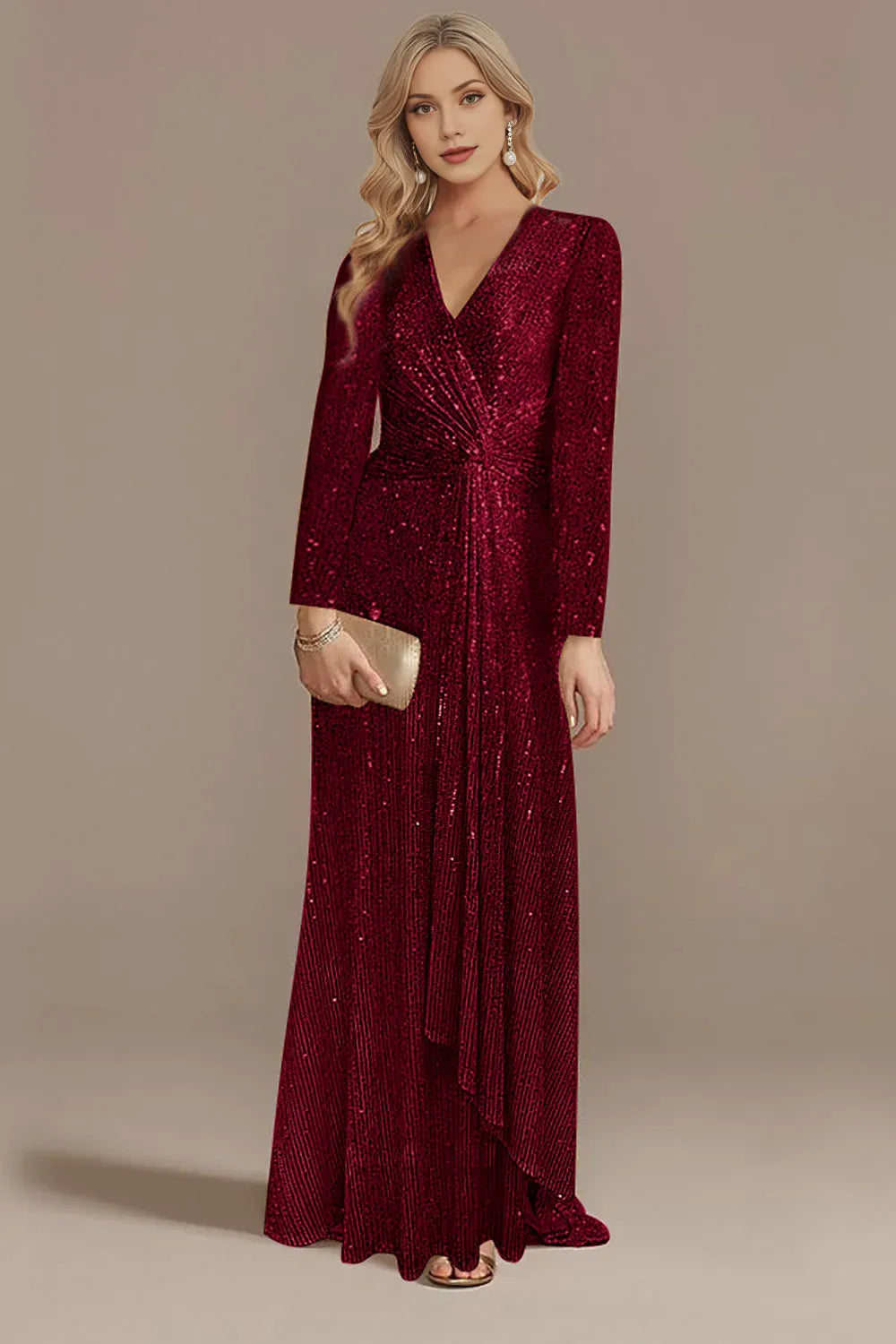 Stunning Sheath Vneck Sequin Maxi Twist Ruched EveningGown