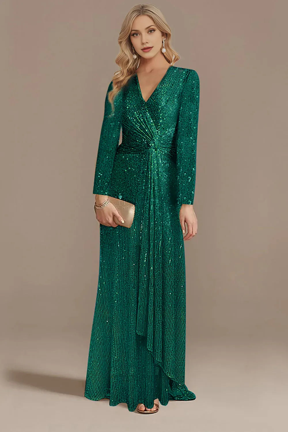 Stunning Sheath Vneck Sequin Maxi Twist Ruched EveningGown