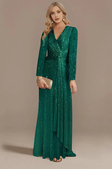 Stunning V-Neck Long Sleeve Sequin Sheath Maxi Gown – Twist Ruched Evening Dress