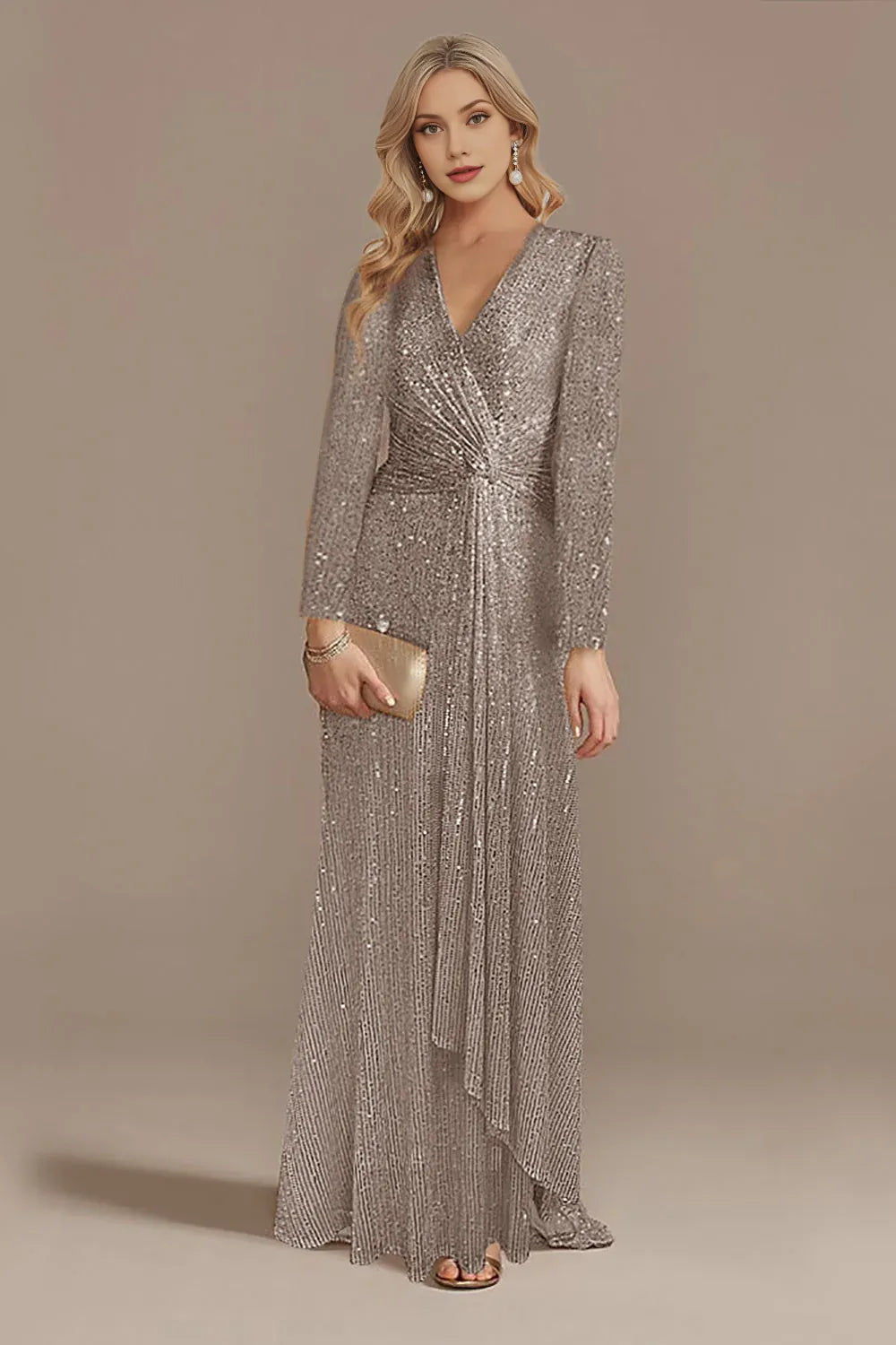 Stunning Sheath Vneck Sequin Maxi Twist Ruched EveningGown