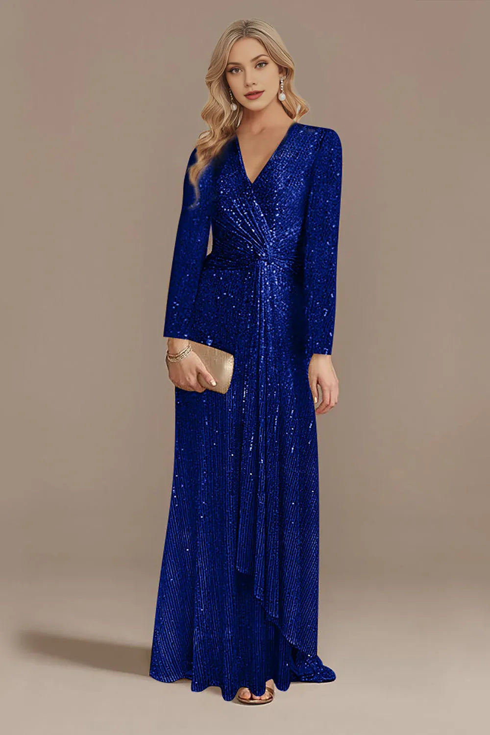 Stunning Sheath Vneck Sequin Maxi Twist Ruched EveningGown