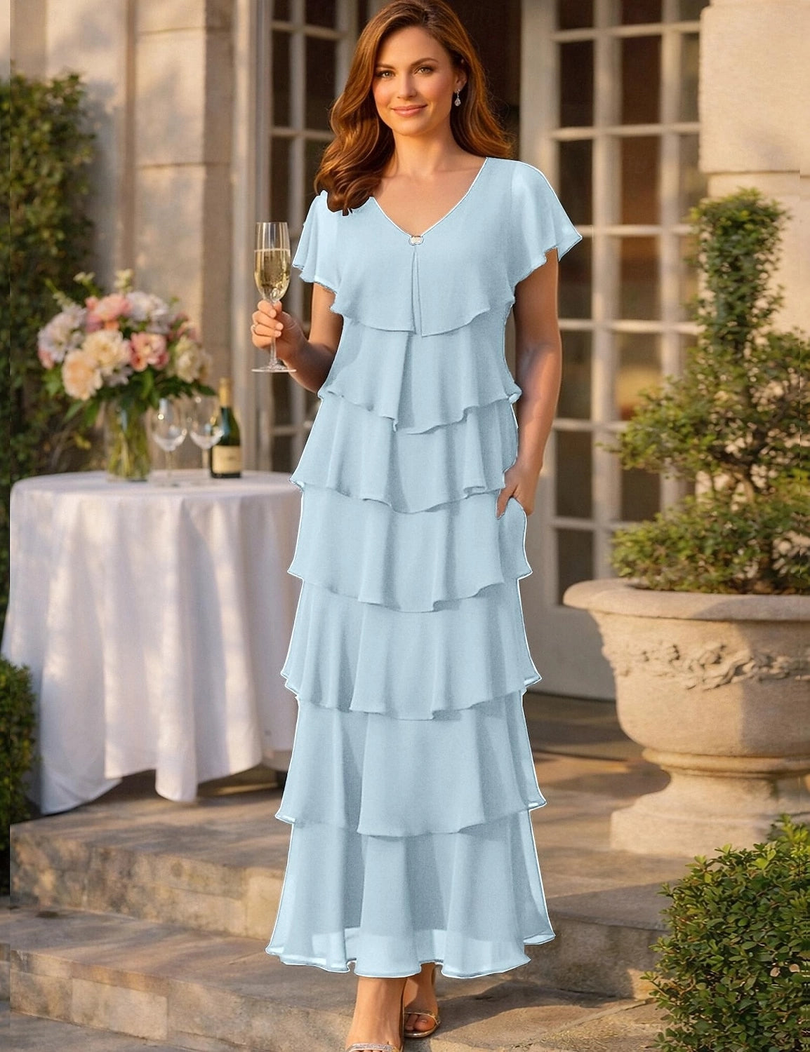 Navy A-Line V Neck Flutter Sleeve Tiered Back Floor Length Mother Of The Bride Dress