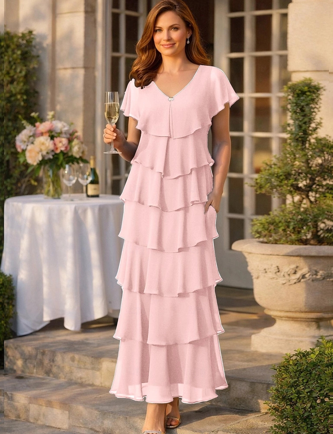 Navy A-Line V Neck Flutter Sleeve Tiered Back Floor Length Mother Of The Bride Dress