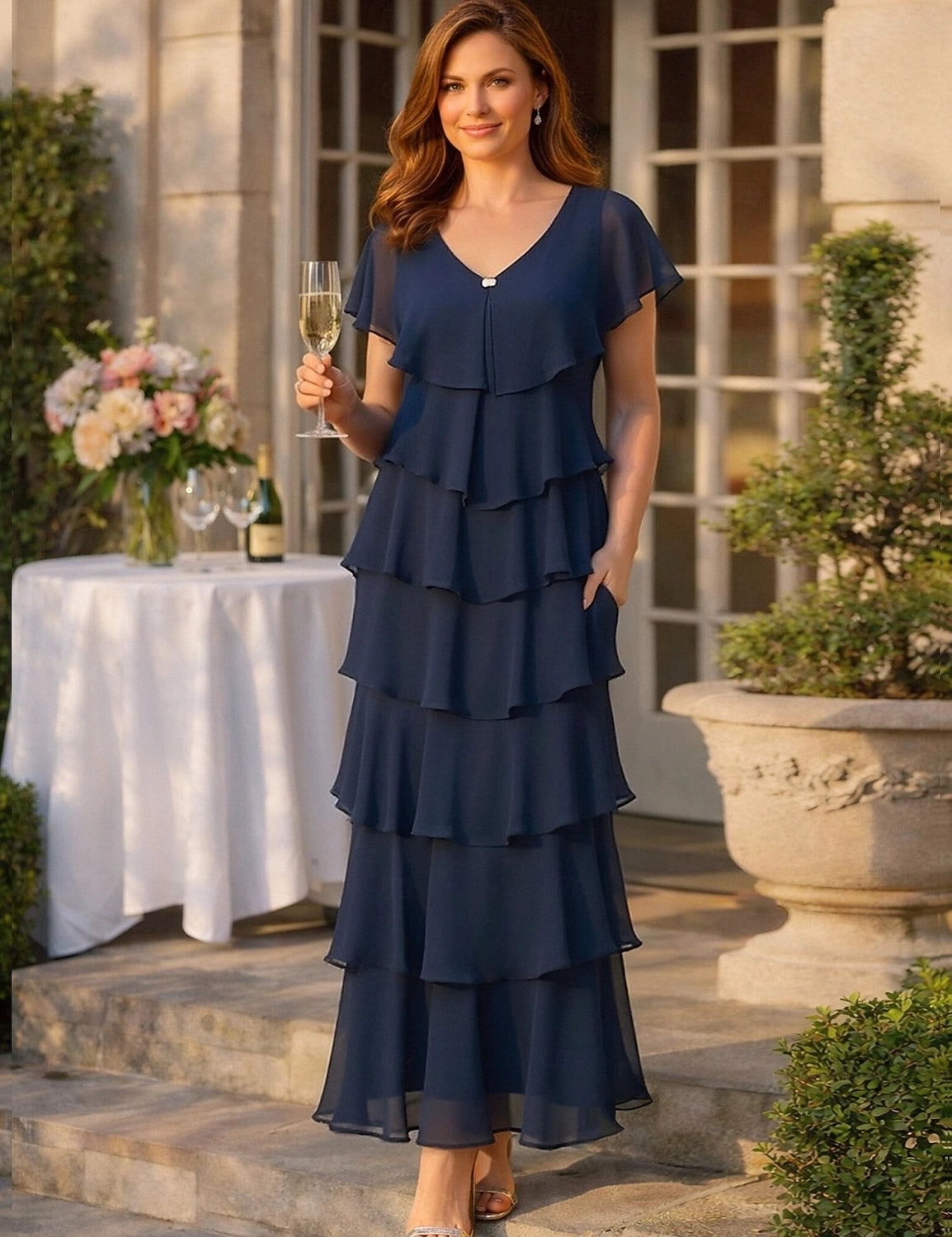 Navy A-Line V Neck Flutter Sleeve Tiered Back Floor Length Mother Of The Bride Dress