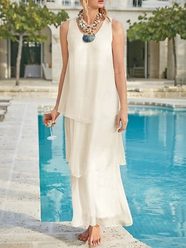 Light Blue A-Line U-Neck Sleeveless Plain Back Maxi Mother Of The Bride Dress