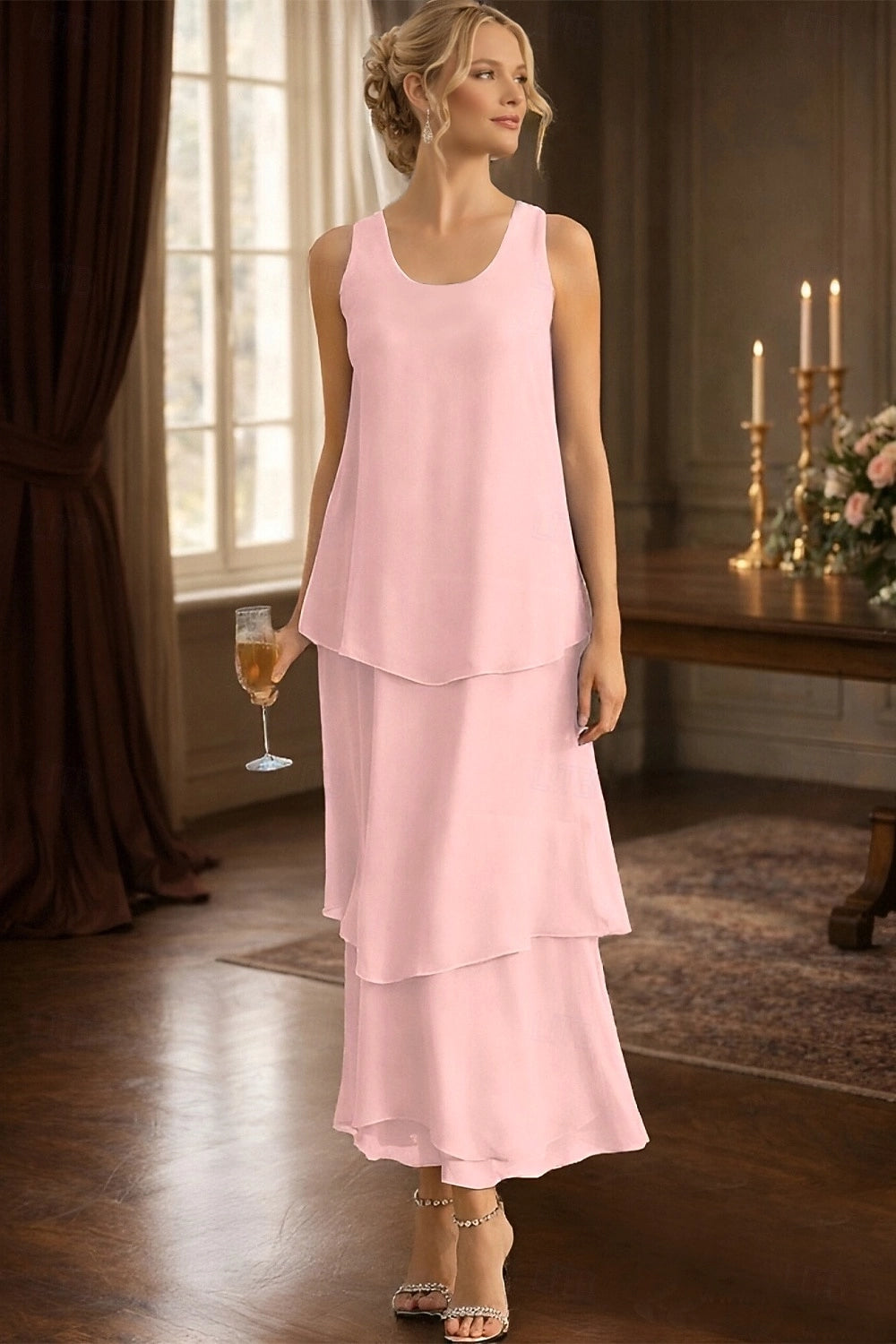 Light Blue A-Line U-Neck Sleeveless Plain Back Maxi Mother Of The Bride Dress