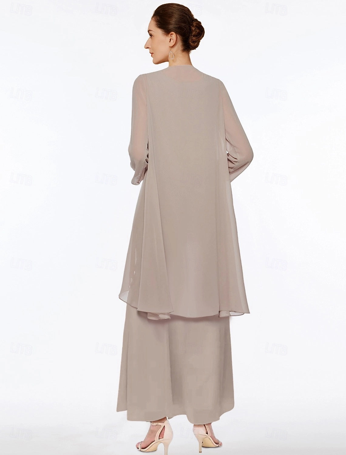 Taupe A-Line Scoop Neck 3/4 Sleeve Plain Back Maxi Mother Of The Bride Dress