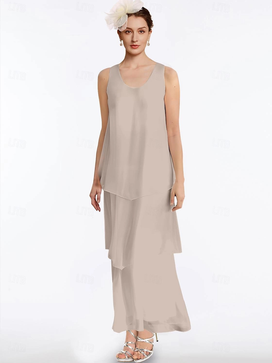 Taupe A-Line Scoop Neck 3/4 Sleeve Plain Back Maxi Mother Of The Bride Dress