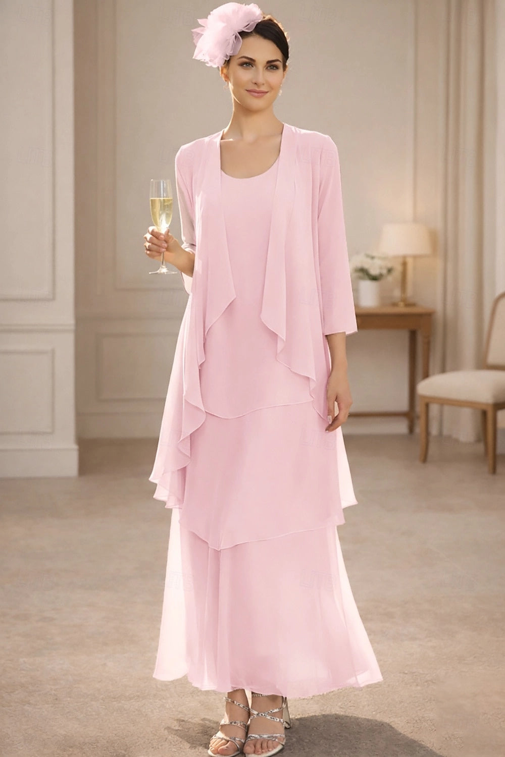 Taupe A-Line Scoop Neck 3/4 Sleeve Plain Back Maxi Mother Of The Bride Dress