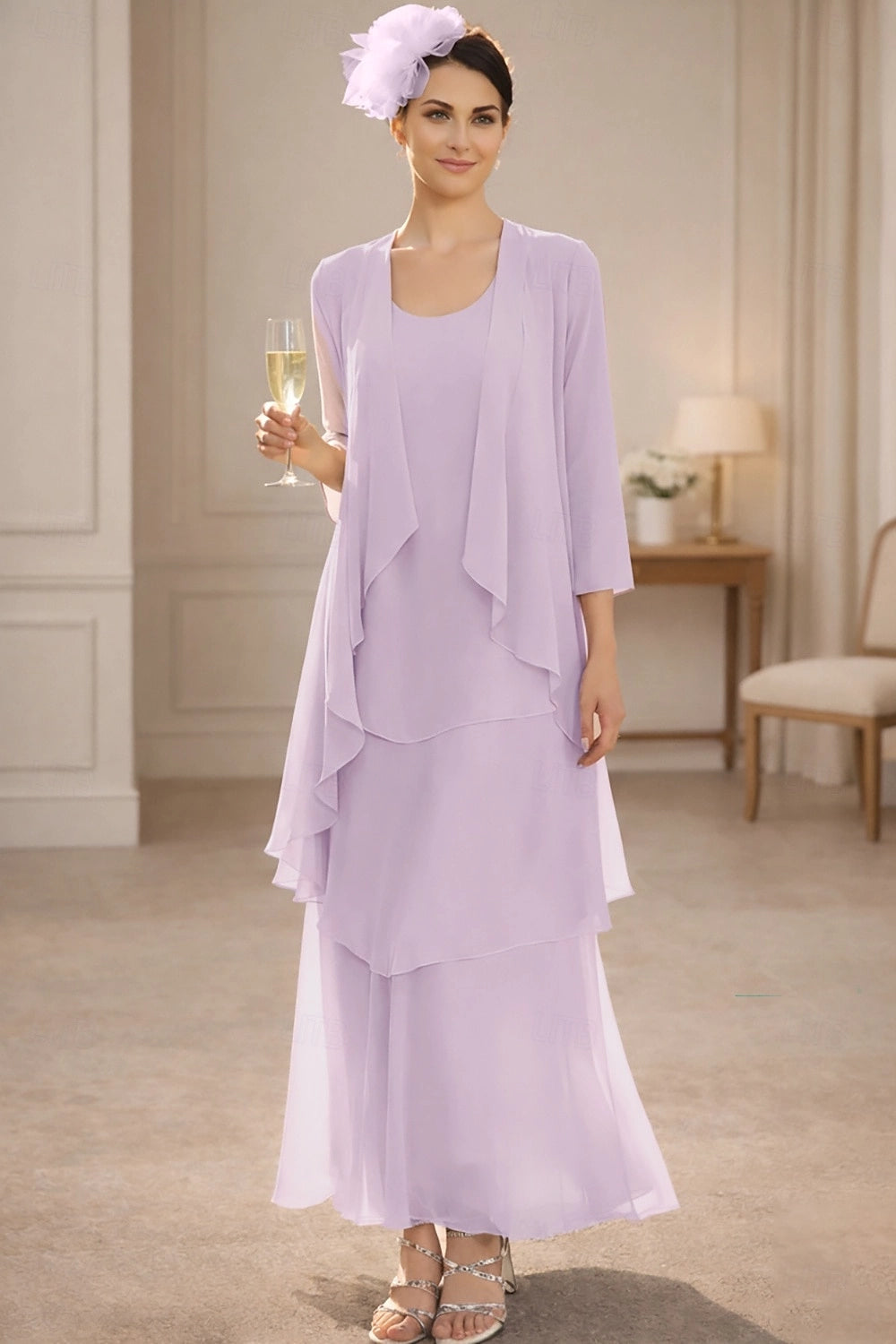 Taupe A-Line Scoop Neck 3/4 Sleeve Plain Back Maxi Mother Of The Bride Dress