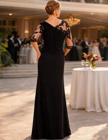 Black Sheath Asymmetric Neck 3/4 Lace Sleeve V Back Floor Length Mother Of The Bride Dress
