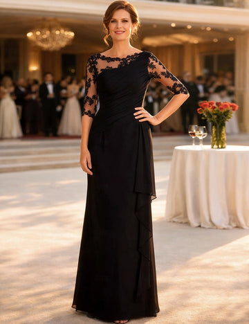Vedress Black Sheath Mother Of The Bride Dress 3/4 Lace Sleeve Chiffon Formal Gown