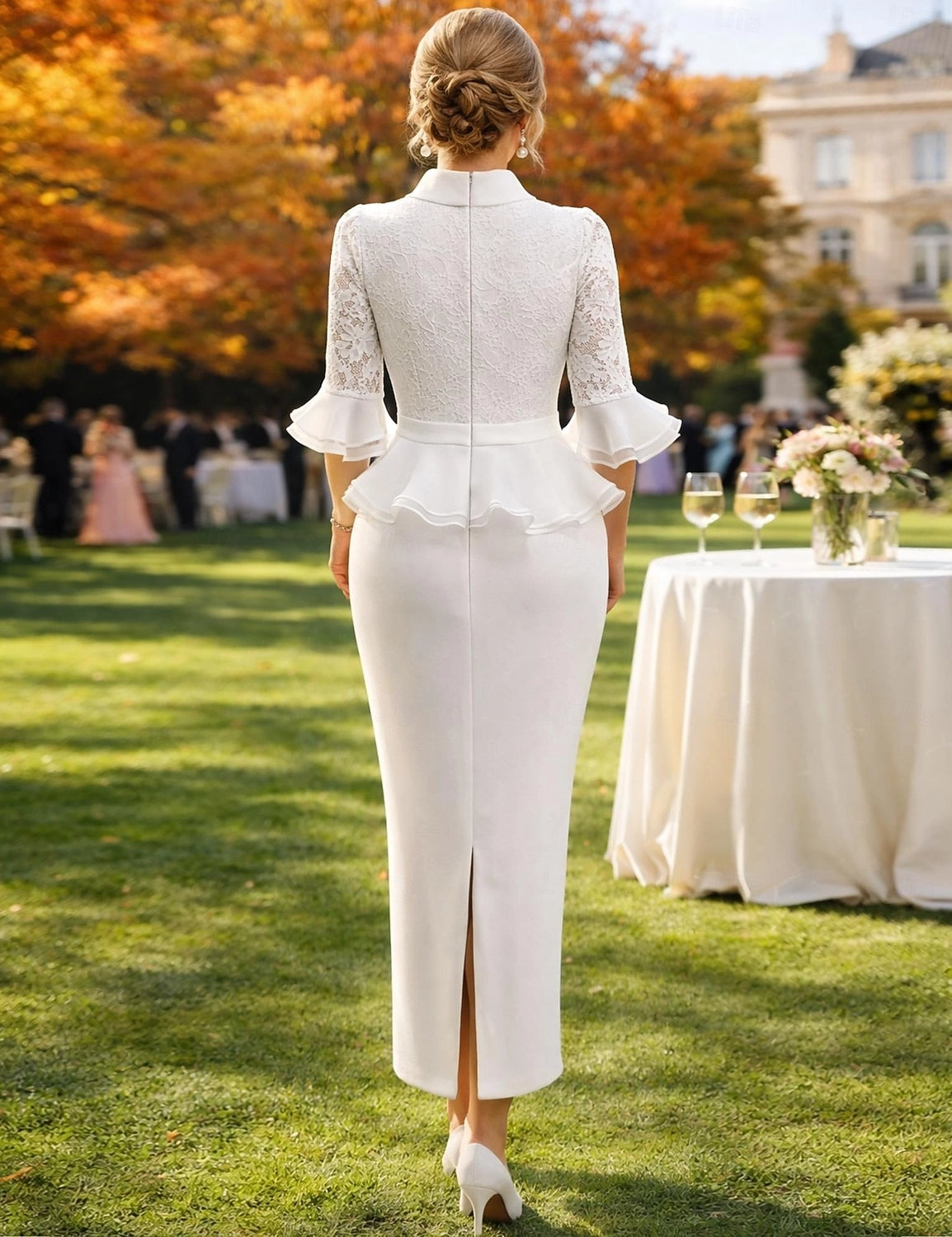 Vedress elegant wedding guest dress full back zipper peplum waist back slit midi dress rear view