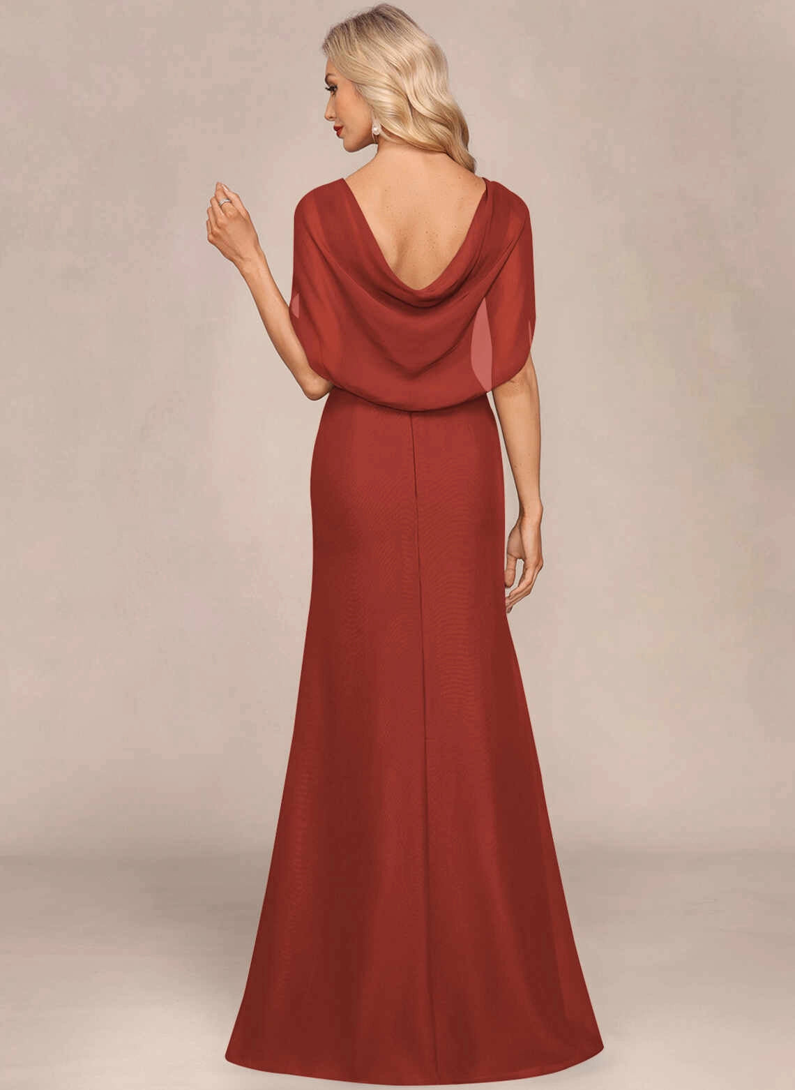 Stylish Mermaid V‑Neck Cape Sleeve Slit Floor‑Length Mother Of The Bride Dress