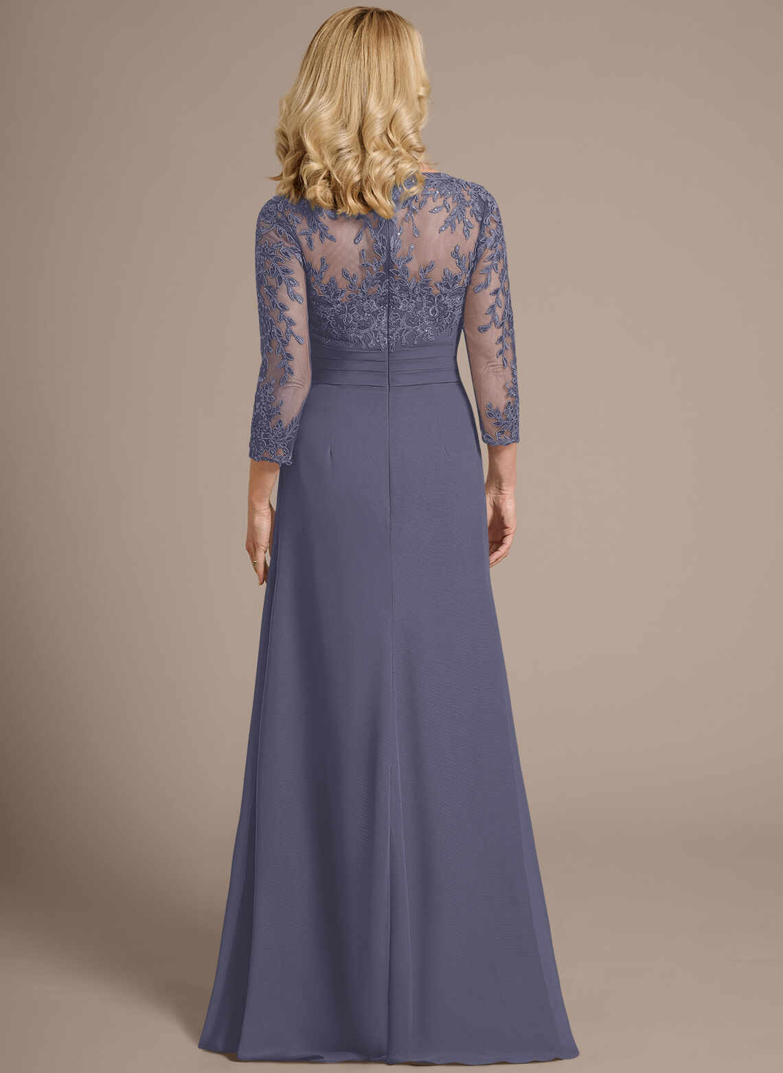 Elegant A‑Line V‑Neck Lace 3/4 Sleeve Zipper Back Floor‑Length Mother Of The Bride Dress