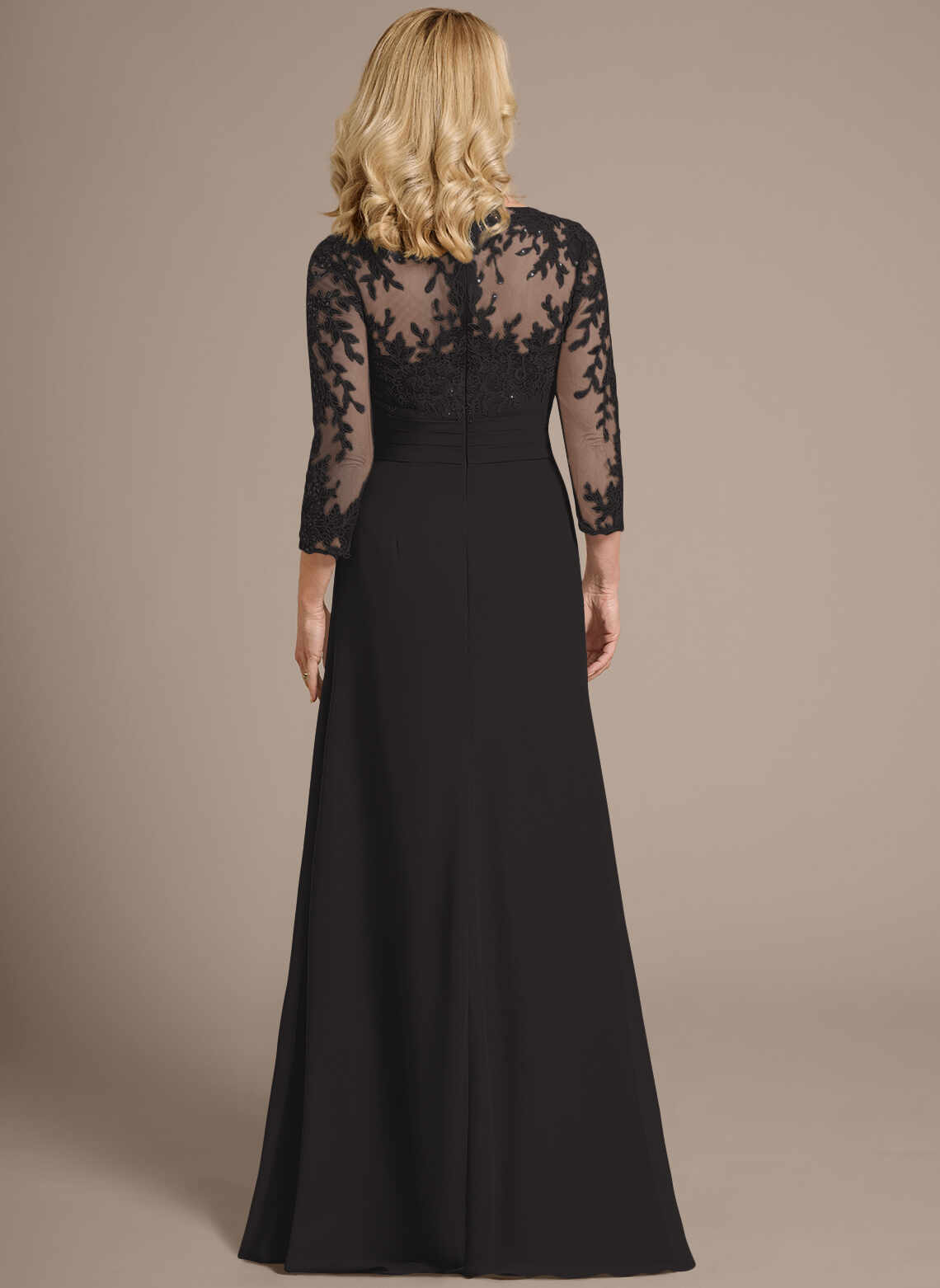 Elegant A‑Line V‑Neck Lace 3/4 Sleeve Zipper Back Floor‑Length Mother Of The Bride Dress