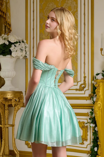 Vestido de corsé de fiesta brillante con hombros descubiertos y corte en A